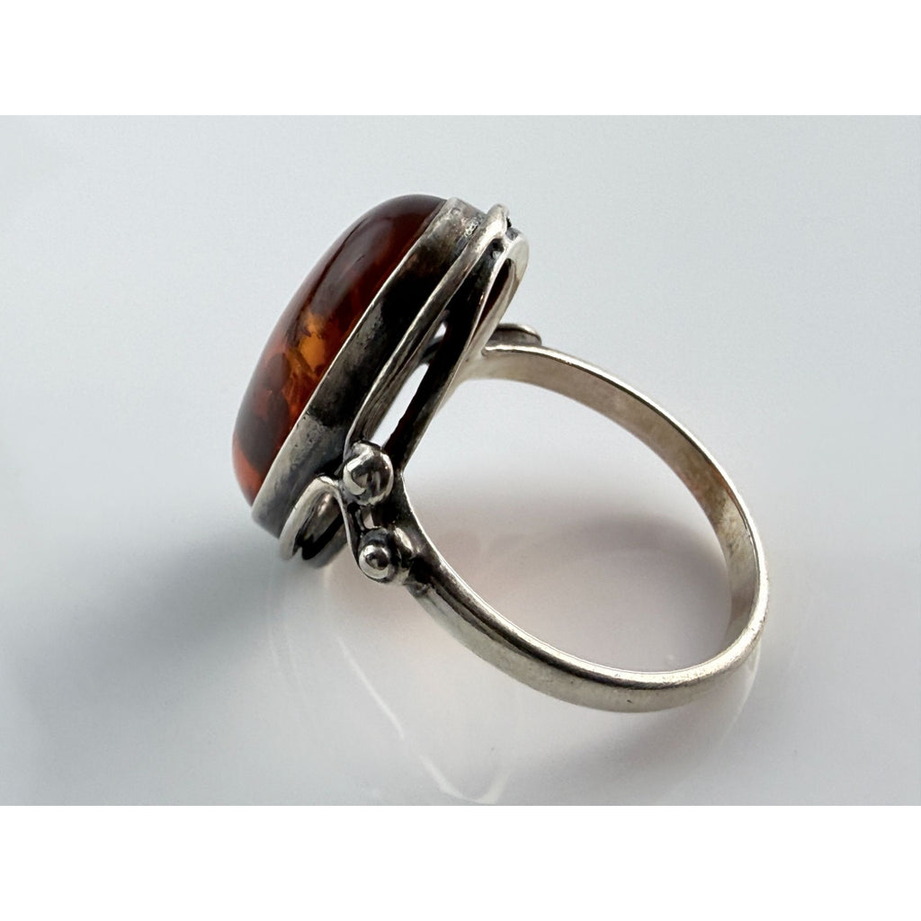Vintage Polish Sterling Silver Amber Cabochon Ring 925 Size 7.5 Weighs 4.2g 20mm