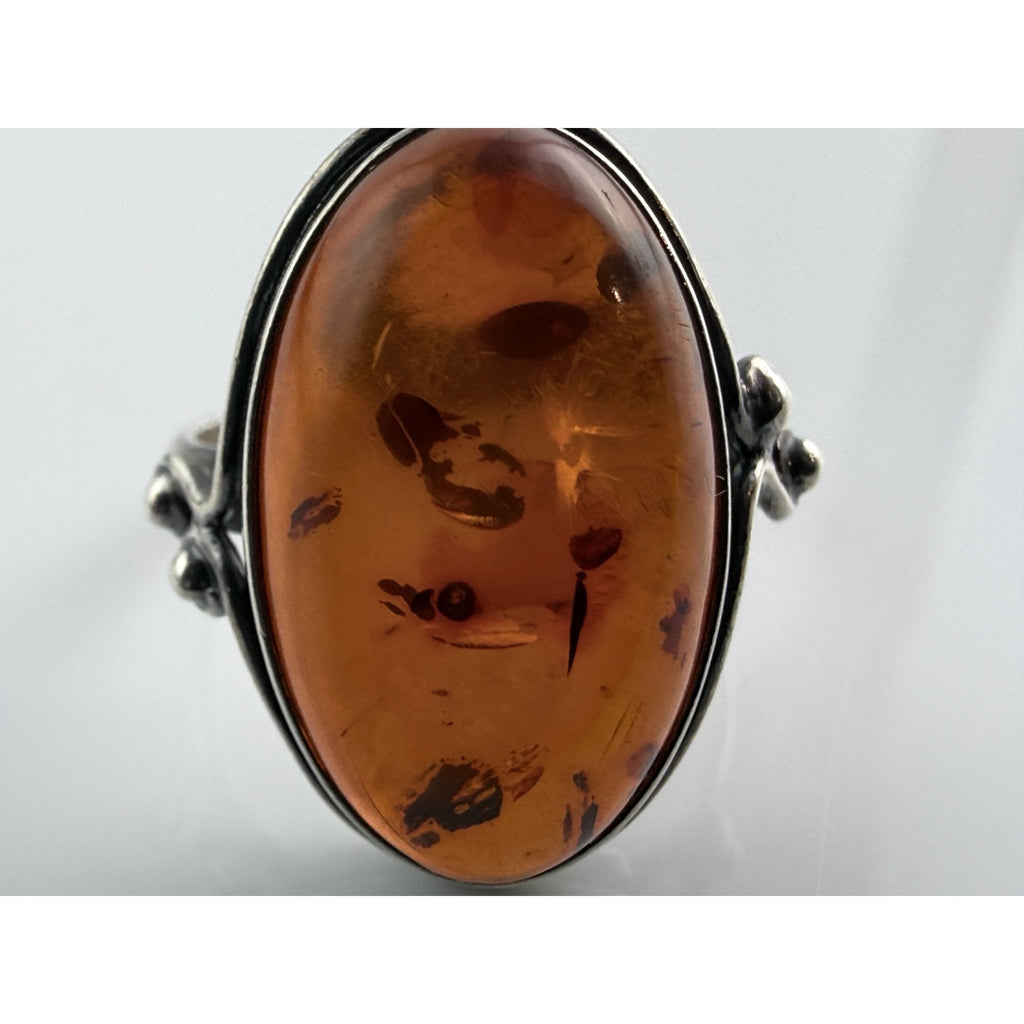 Vintage Polish Sterling Silver Amber Cabochon Ring 925 Size 7.5 Weighs 4.2g 20mm