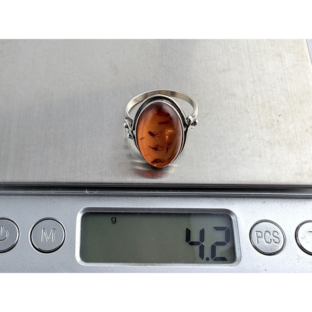 Vintage Polish Sterling Silver Amber Cabochon Ring 925 Size 7.5 Weighs 4.2g 20mm
