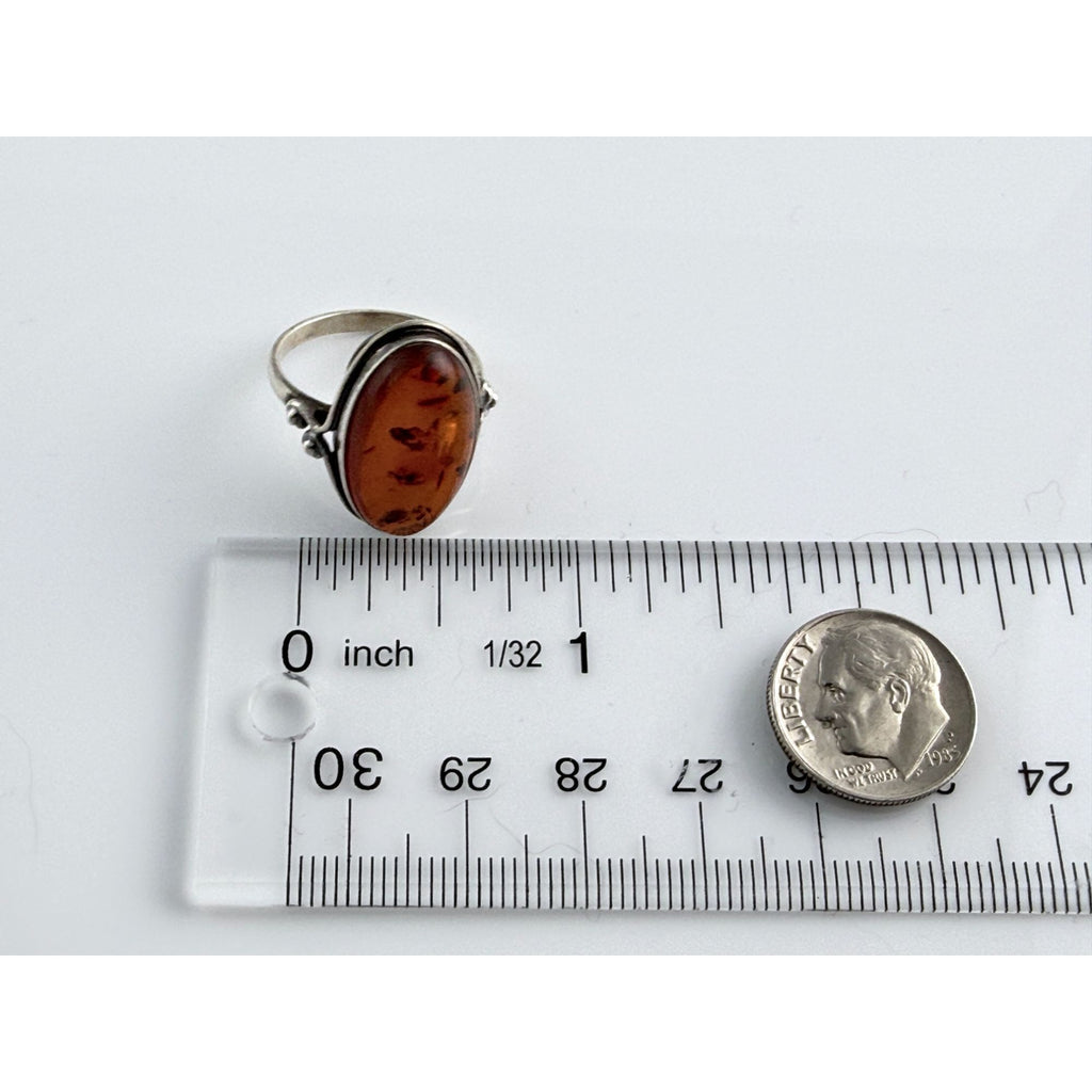 Vintage Polish Sterling Silver Amber Cabochon Ring 925 Size 7.5 Weighs 4.2g 20mm