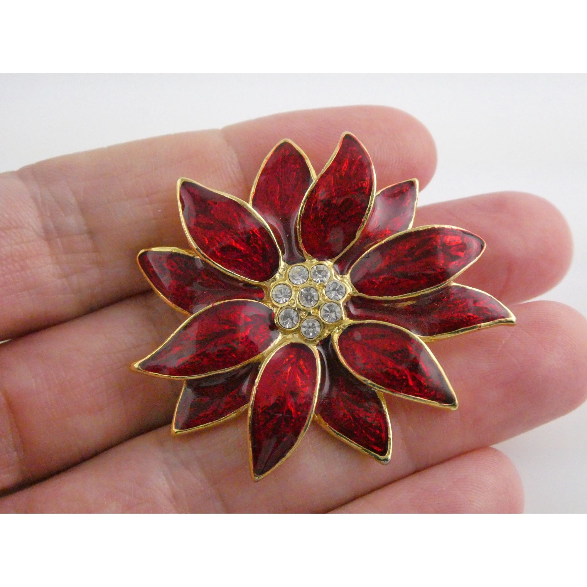 Vintage Designer SFJ Gold Toned Metal Red Enamel White Rhinestone Poinsettia Pin