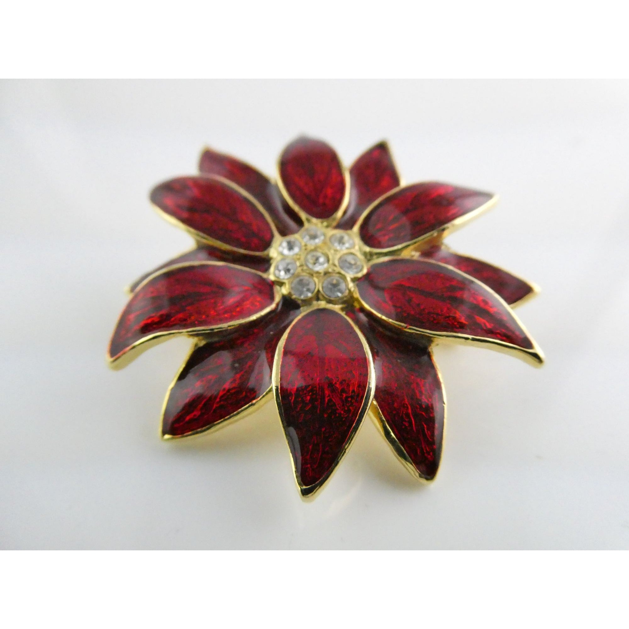 Vintage Designer SFJ Gold Toned Metal Red Enamel White Rhinestone Poinsettia Pin