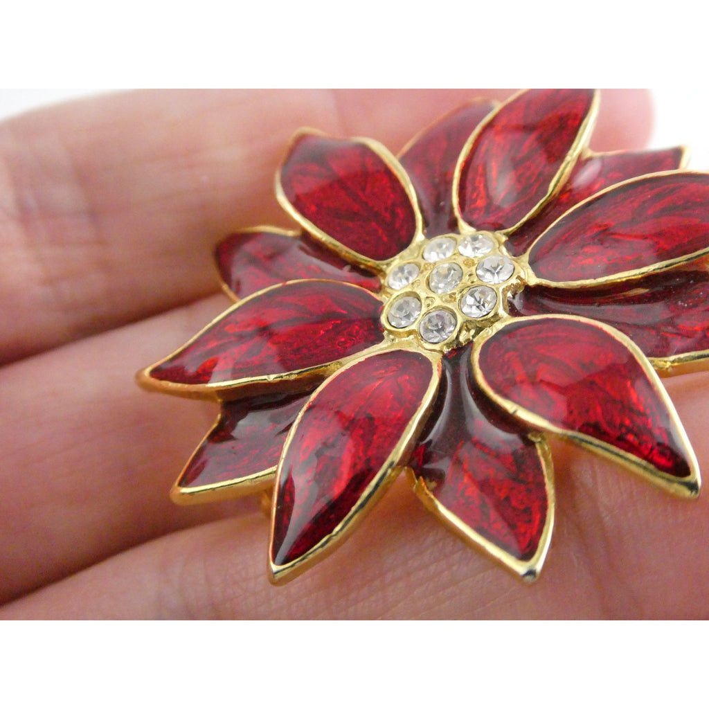 Vintage Designer SFJ Gold Toned Metal Red Enamel White Rhinestone Poinsettia Pin