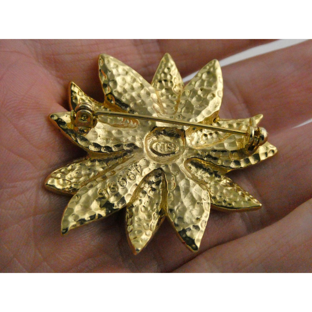 Vintage Designer SFJ Gold Toned Metal Red Enamel White Rhinestone Poinsettia Pin