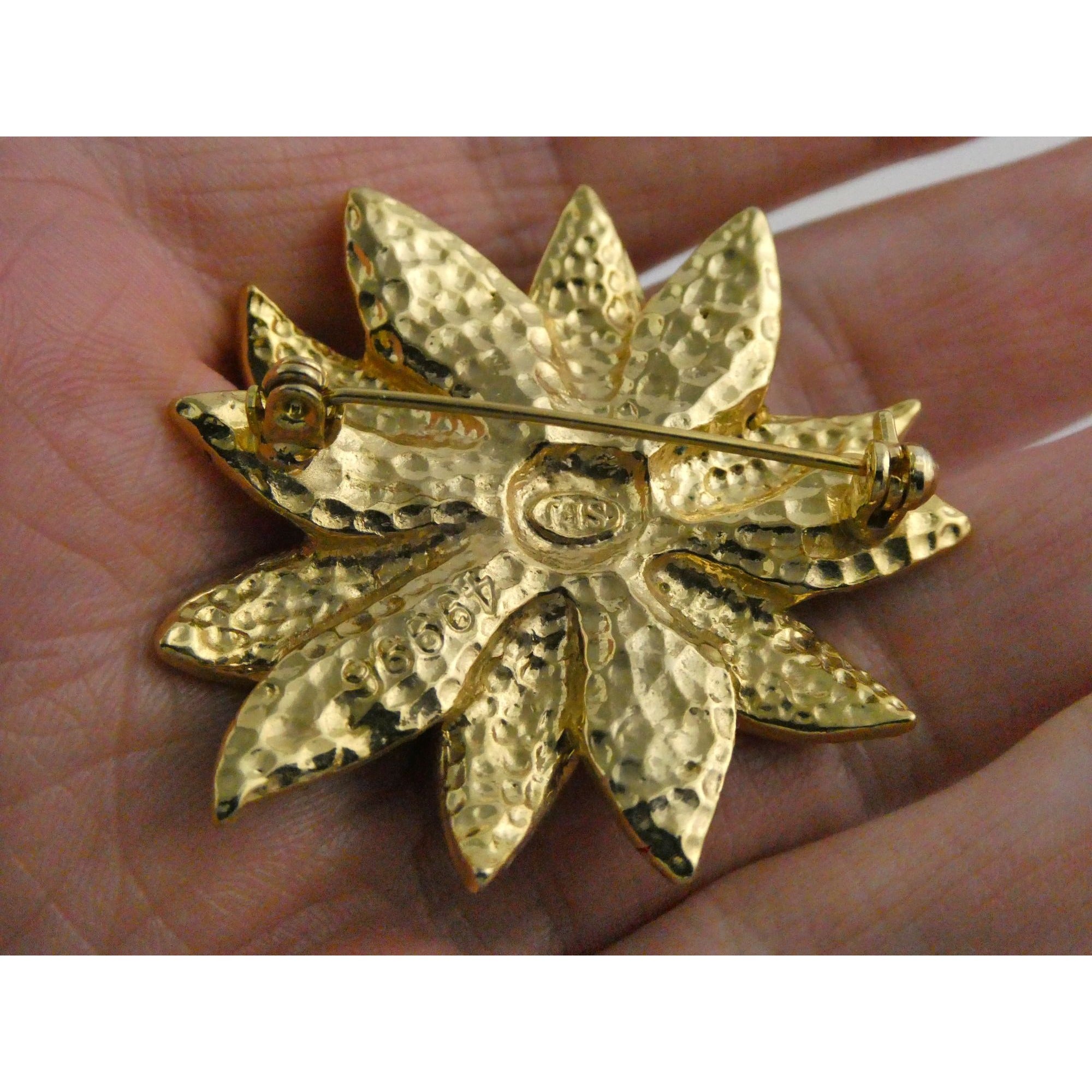Vintage Designer SFJ Gold Toned Metal Red Enamel White Rhinestone Poinsettia Pin