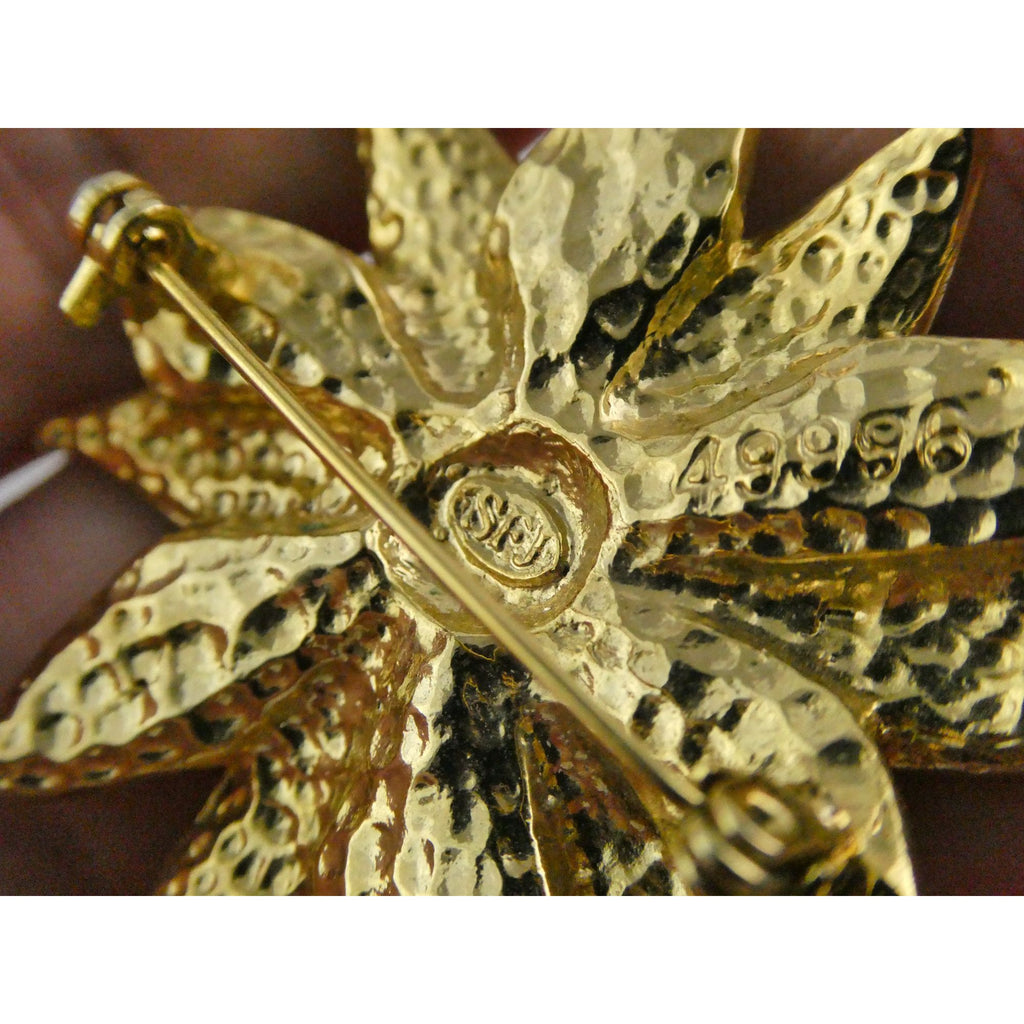 Vintage Designer SFJ Gold Toned Metal Red Enamel White Rhinestone Poinsettia Pin