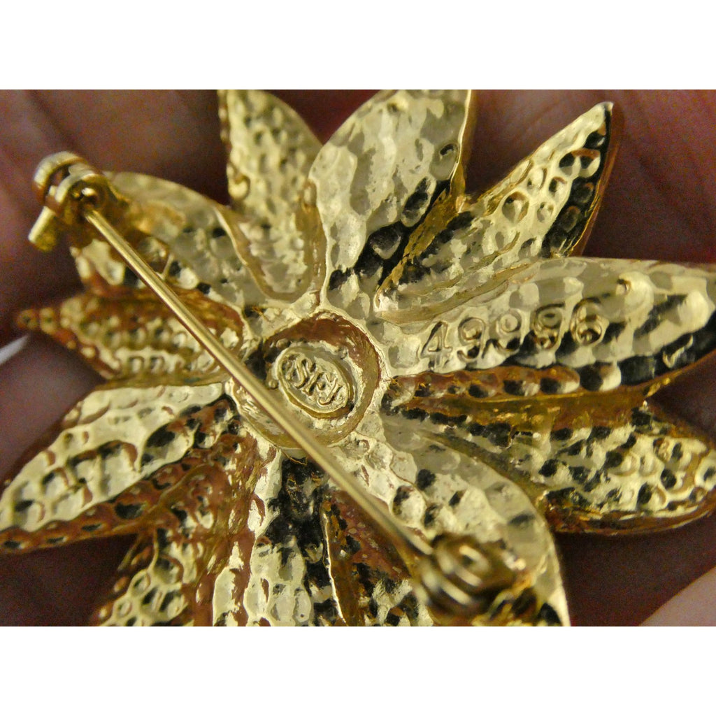 Vintage Designer SFJ Gold Toned Metal Red Enamel White Rhinestone Poinsettia Pin