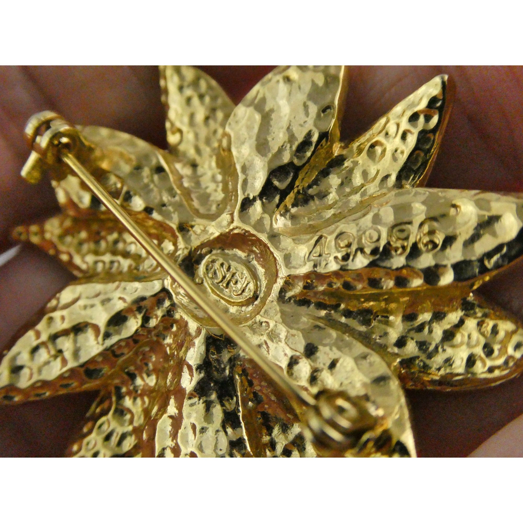 Vintage Designer SFJ Gold Toned Metal Red Enamel White Rhinestone Poinsettia Pin