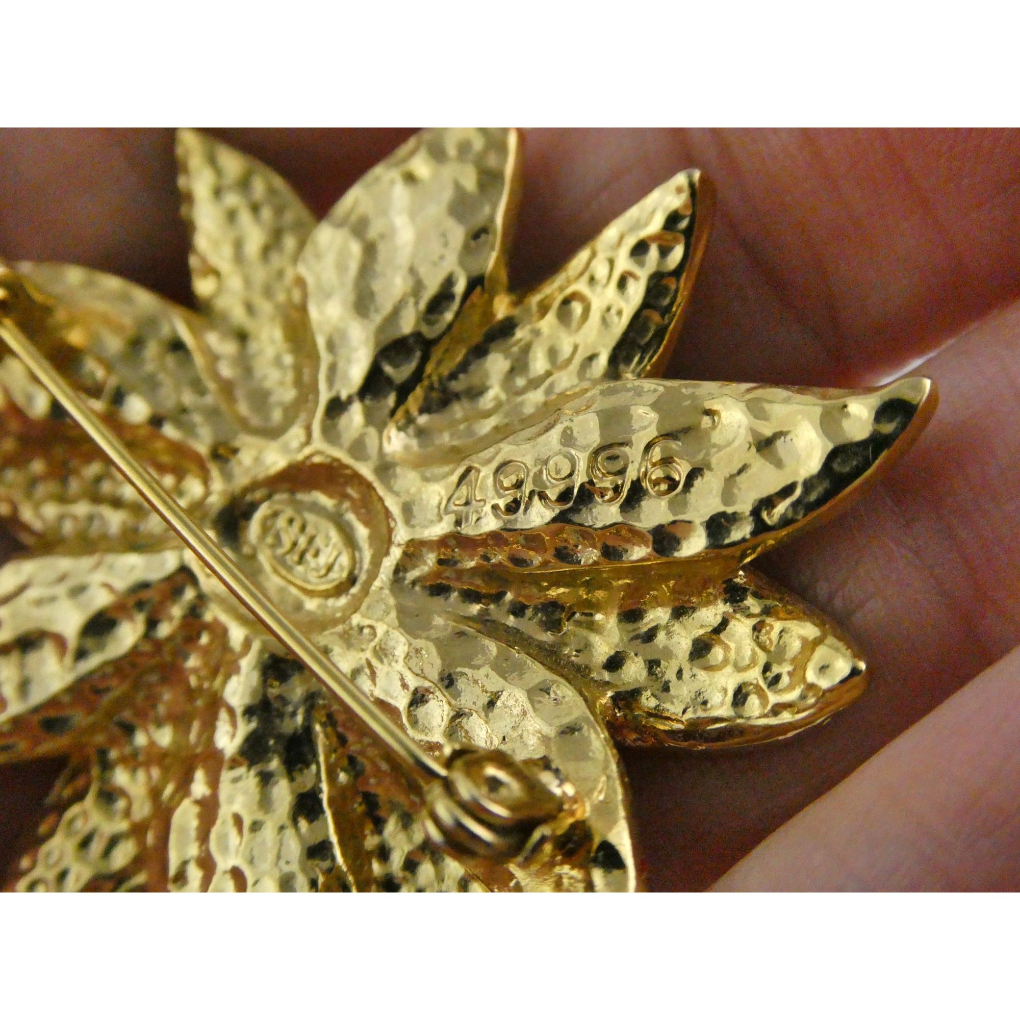 Vintage Designer SFJ Gold Toned Metal Red Enamel White Rhinestone Poinsettia Pin