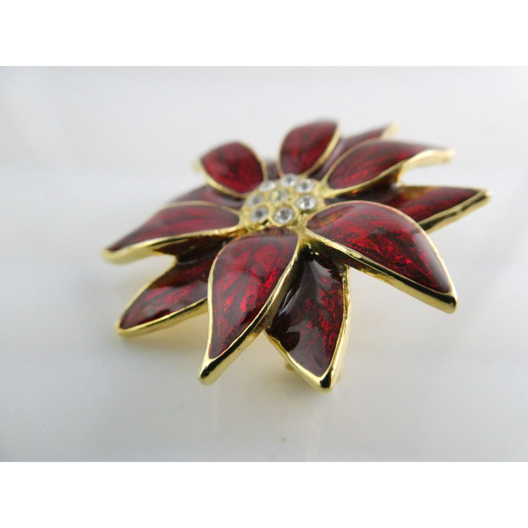 Vintage Designer SFJ Gold Toned Metal Red Enamel White Rhinestone Poinsettia Pin