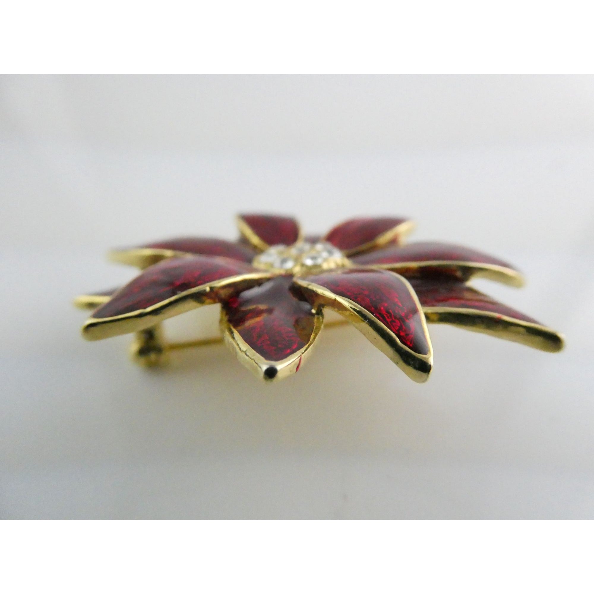 Vintage Designer SFJ Gold Toned Metal Red Enamel White Rhinestone Poinsettia Pin
