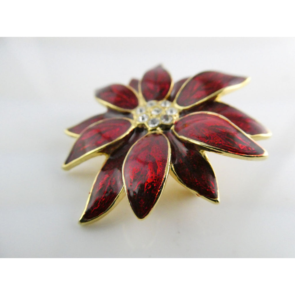 Vintage Designer SFJ Gold Toned Metal Red Enamel White Rhinestone Poinsettia Pin