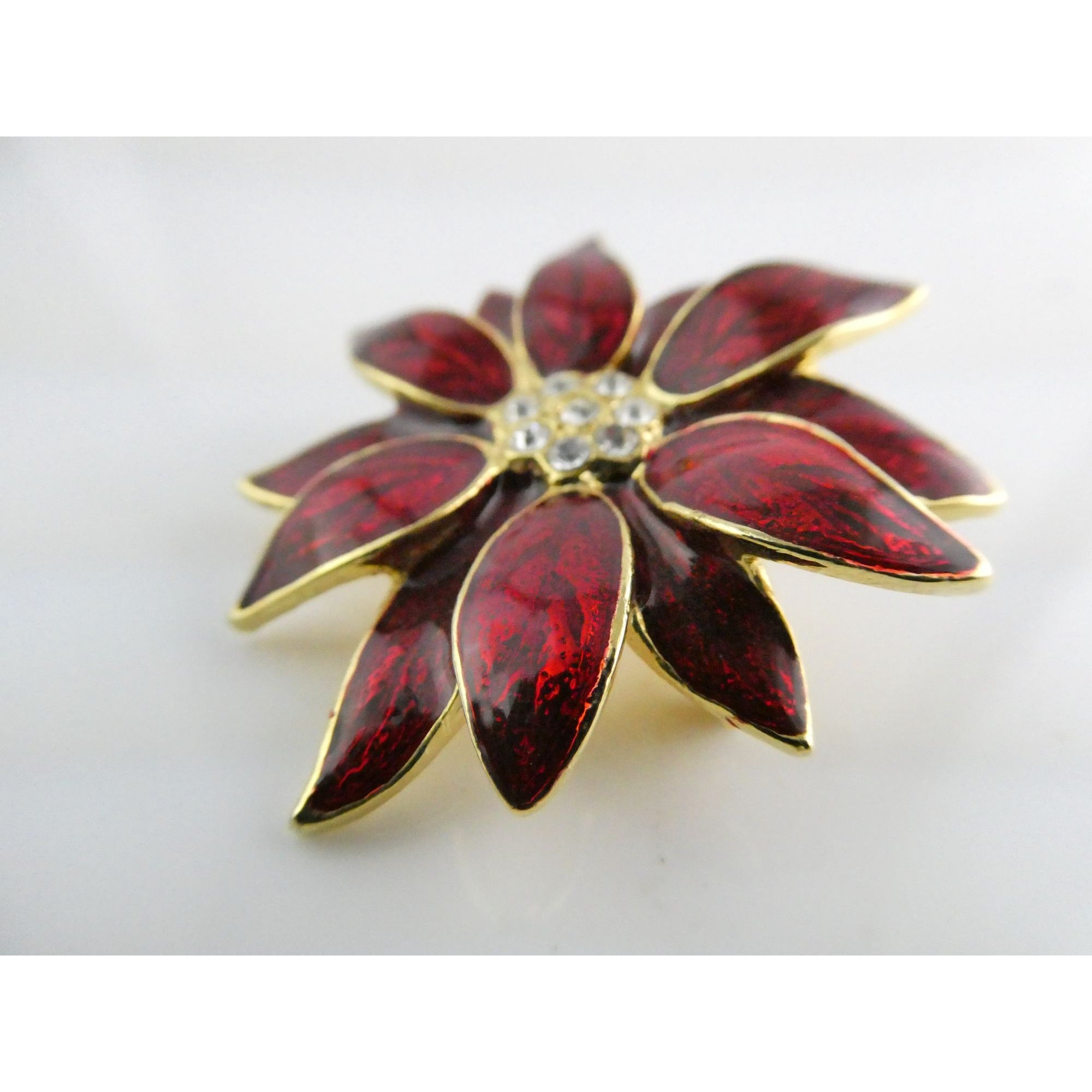 Vintage Designer SFJ Gold Toned Metal Red Enamel White Rhinestone Poinsettia Pin