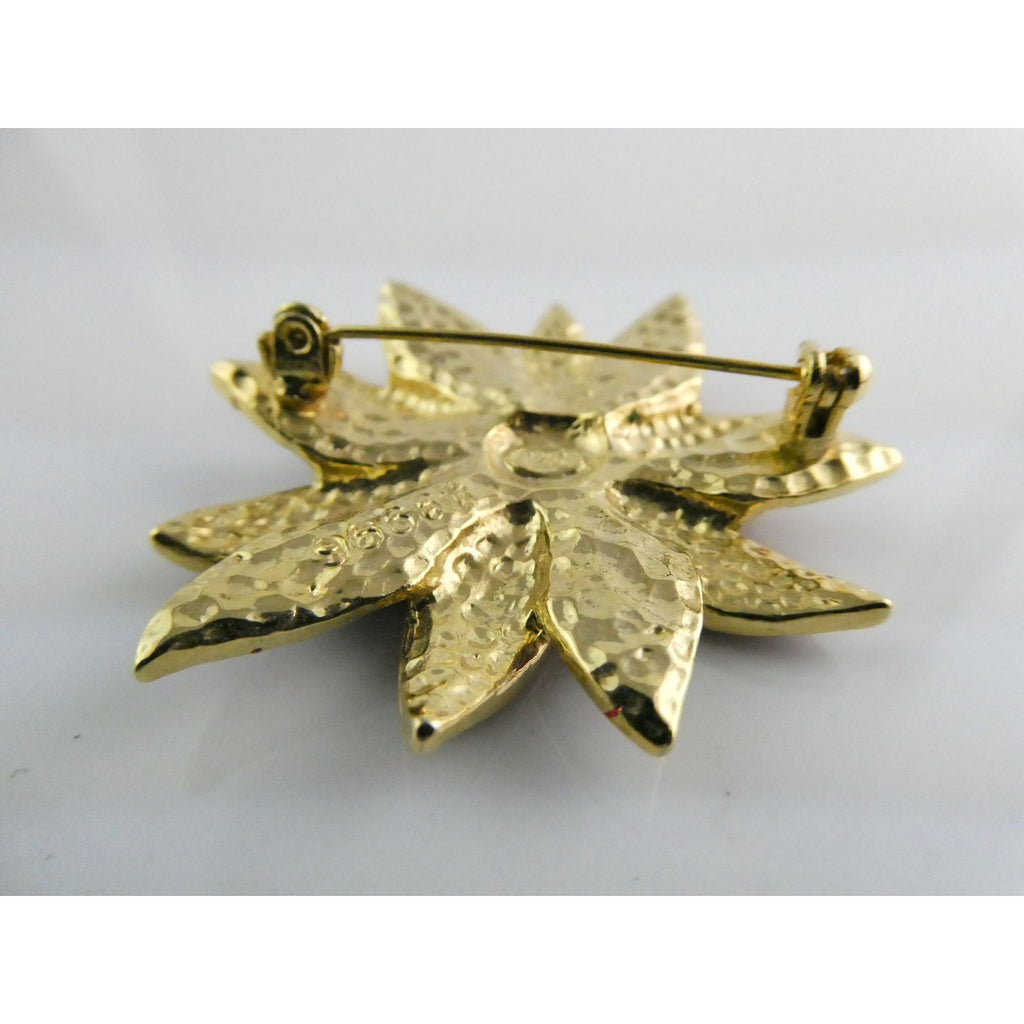 Vintage Designer SFJ Gold Toned Metal Red Enamel White Rhinestone Poinsettia Pin