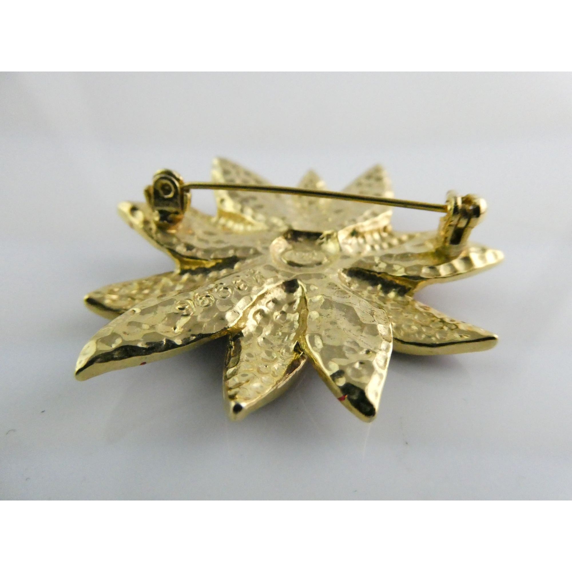 Vintage Designer SFJ Gold Toned Metal Red Enamel White Rhinestone Poinsettia Pin