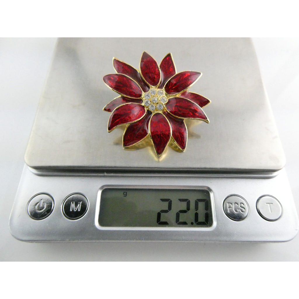 Vintage Designer SFJ Gold Toned Metal Red Enamel White Rhinestone Poinsettia Pin