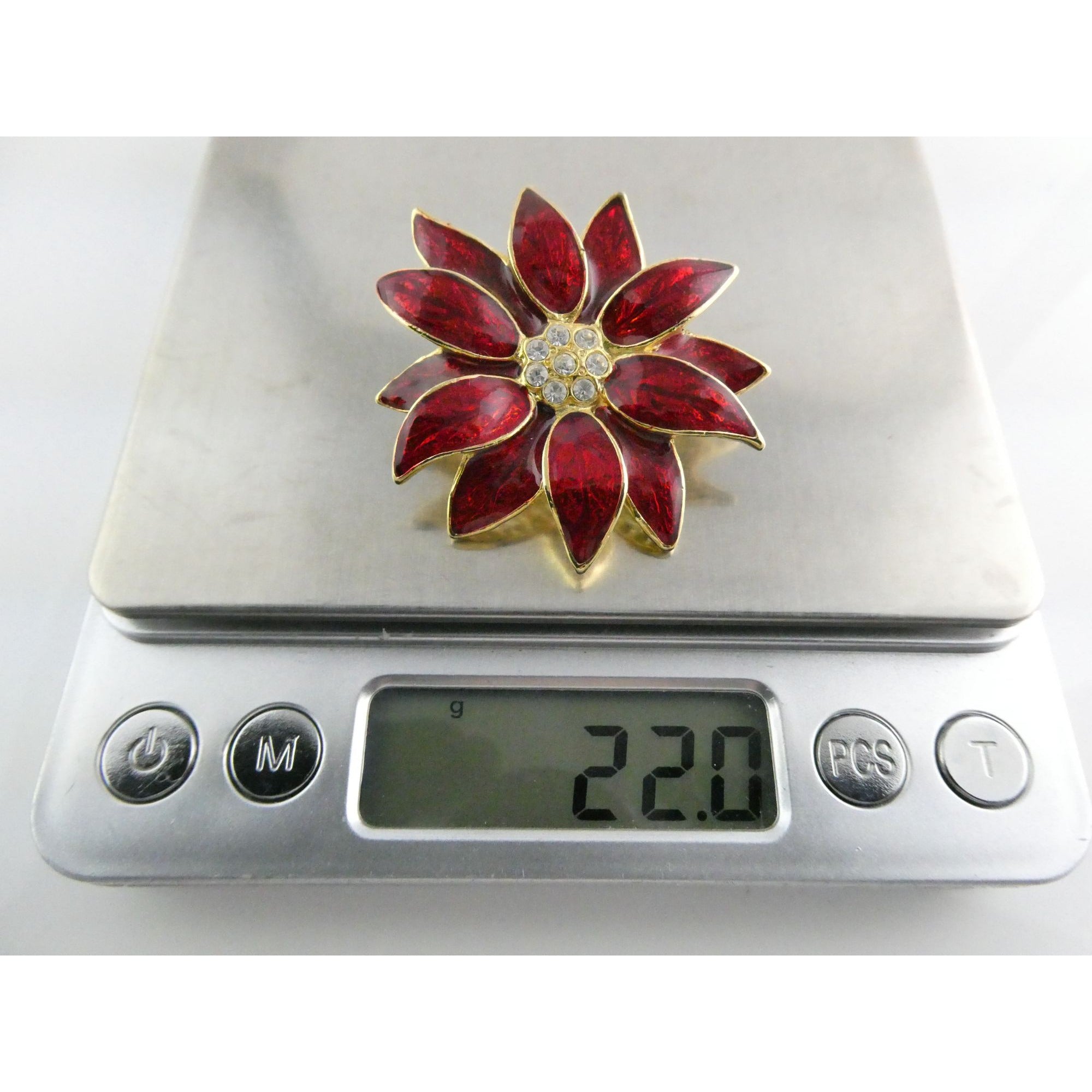 Vintage Designer SFJ Gold Toned Metal Red Enamel White Rhinestone Poinsettia Pin