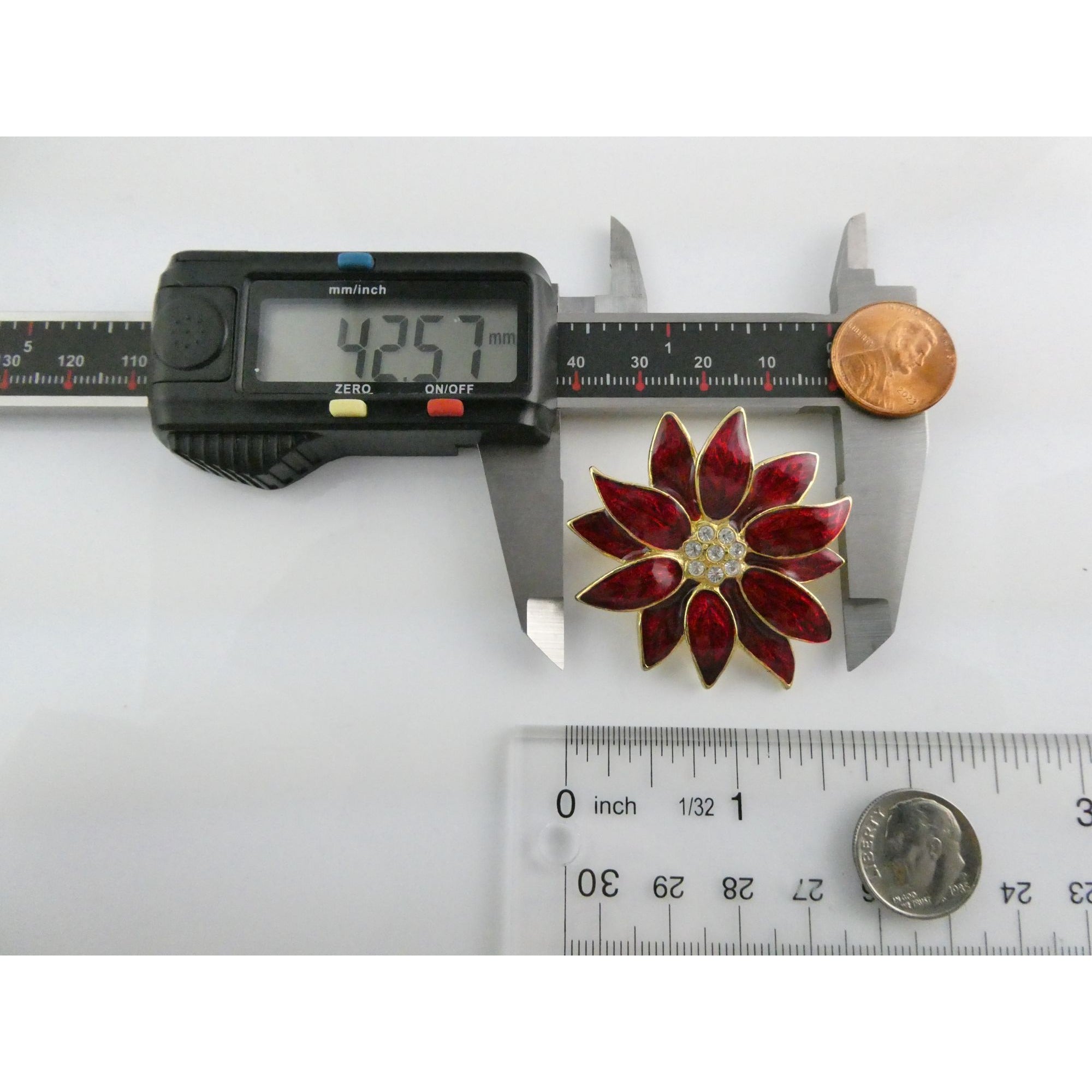 Vintage Designer SFJ Gold Toned Metal Red Enamel White Rhinestone Poinsettia Pin