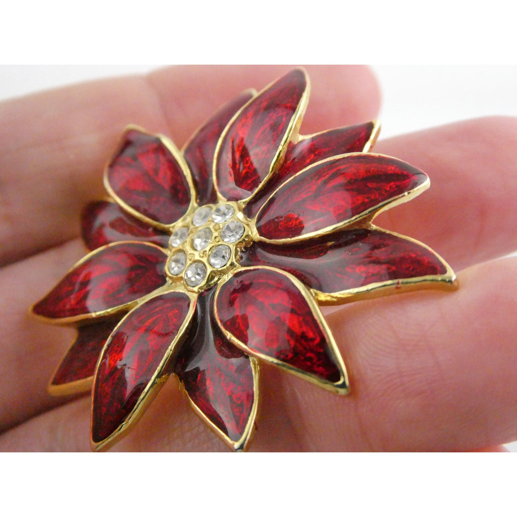 Vintage Designer SFJ Gold Toned Metal Red Enamel White Rhinestone Poinsettia Pin