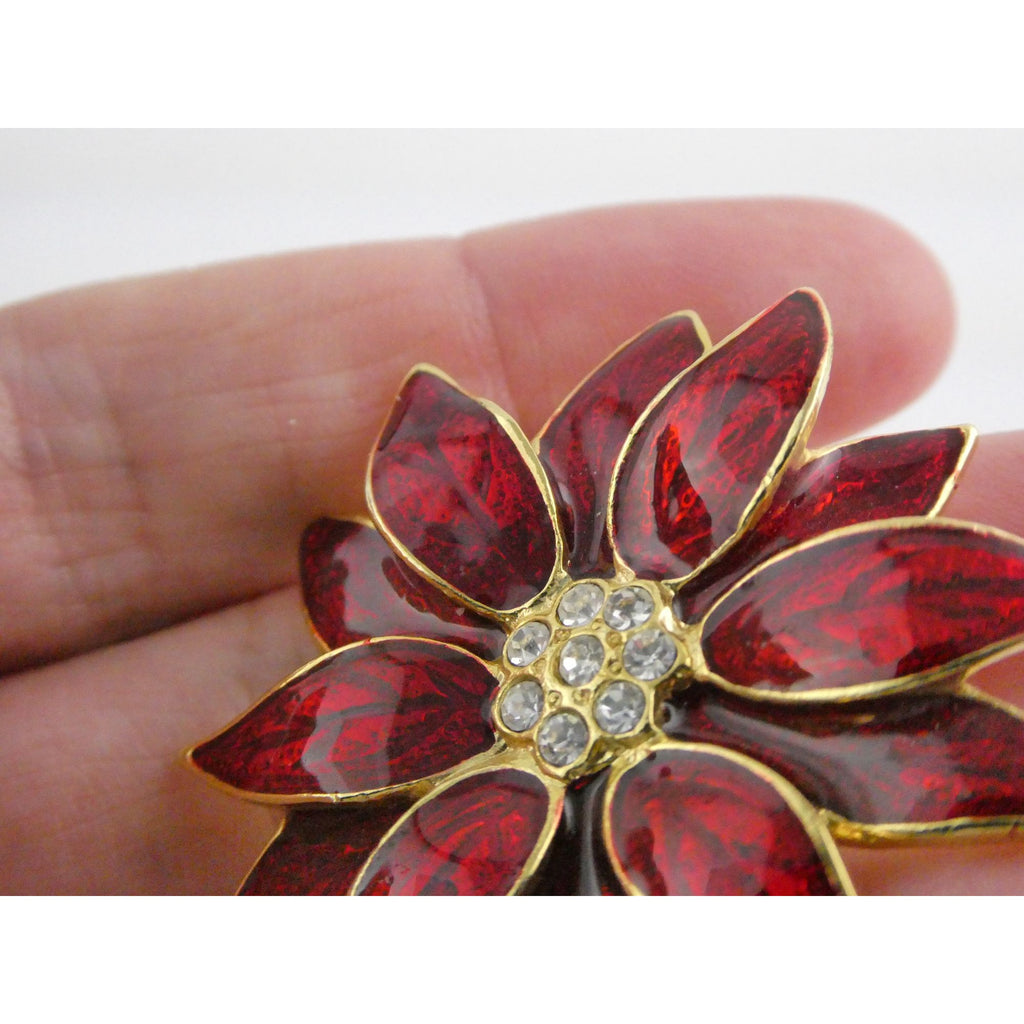 Vintage Designer SFJ Gold Toned Metal Red Enamel White Rhinestone Poinsettia Pin