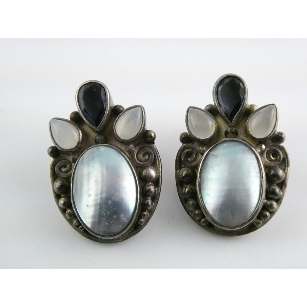 Sajen Sterling Silver Iolite Moonstone and Mabe Pearl Clip on Earrings 17g 26mm