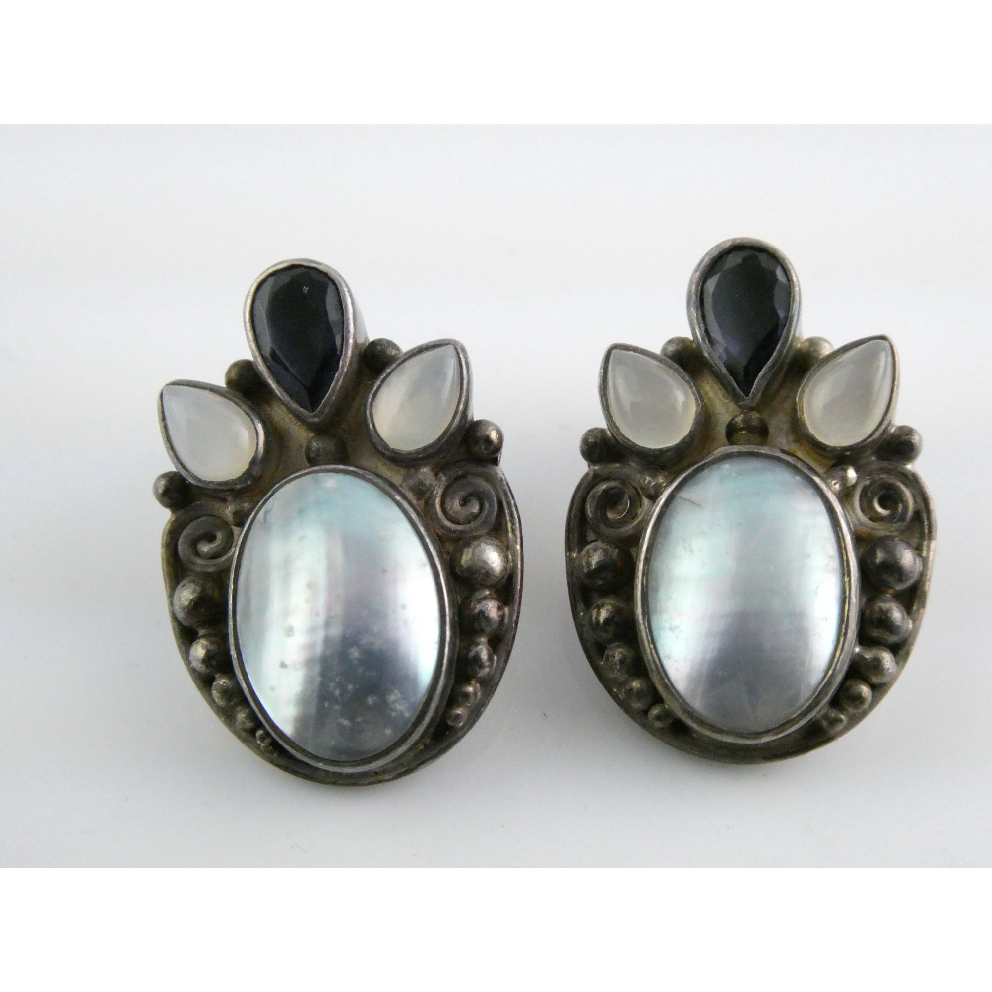 Sajen Sterling Silver Iolite Moonstone and Mabe Pearl Clip on Earrings 17g 26mm