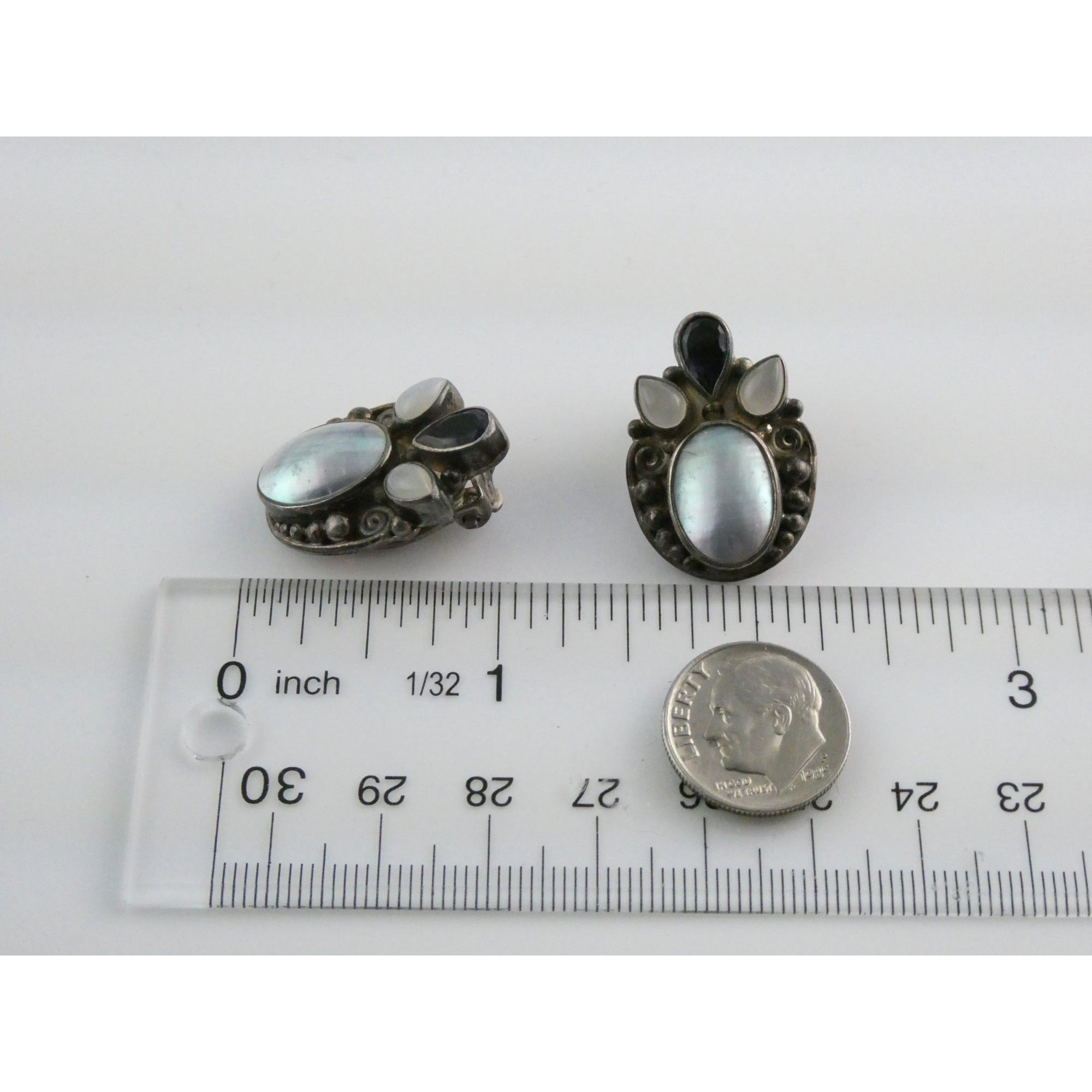 Sajen Sterling Silver Iolite Moonstone and Mabe Pearl Clip on Earrings 17g 26mm