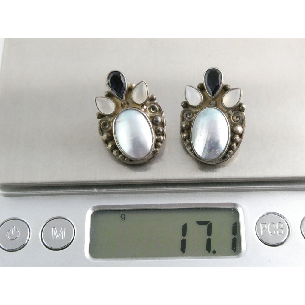 Sajen Sterling Silver Iolite Moonstone and Mabe Pearl Clip on Earrings 17g 26mm
