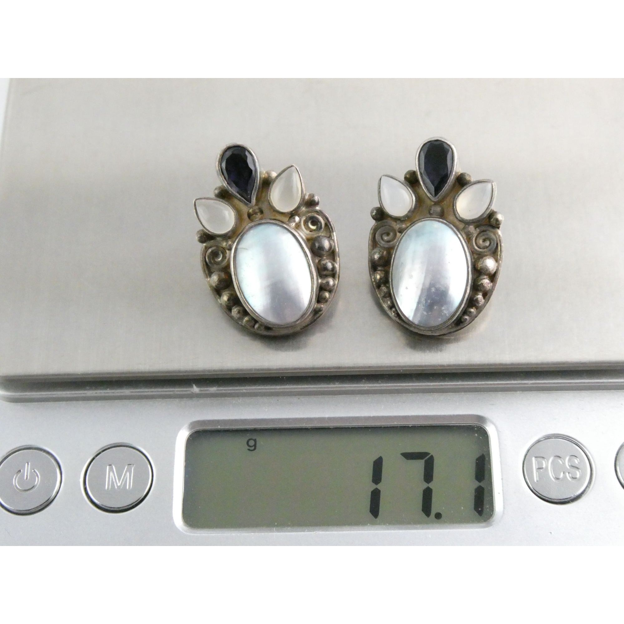 Sajen Sterling Silver Iolite Moonstone and Mabe Pearl Clip on Earrings 17g 26mm