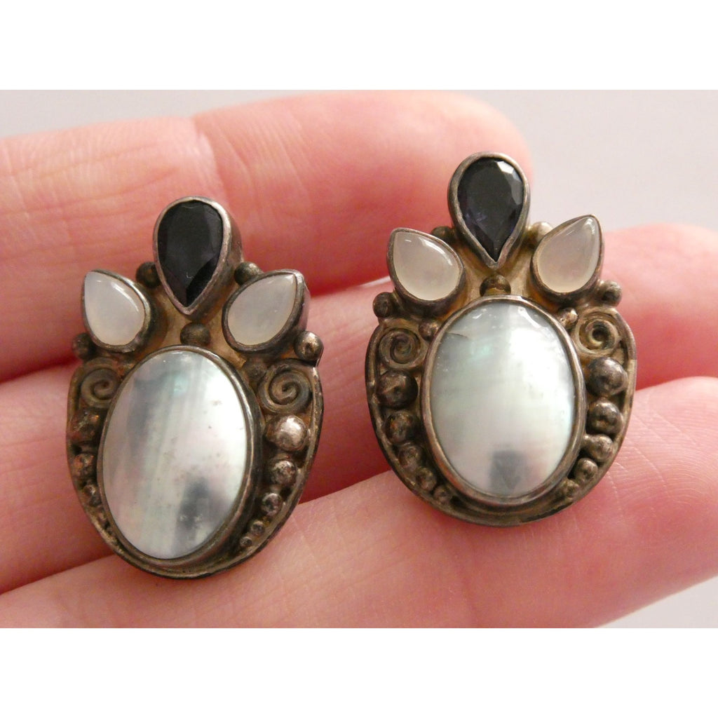 Sajen Sterling Silver Iolite Moonstone and Mabe Pearl Clip on Earrings 17g 26mm
