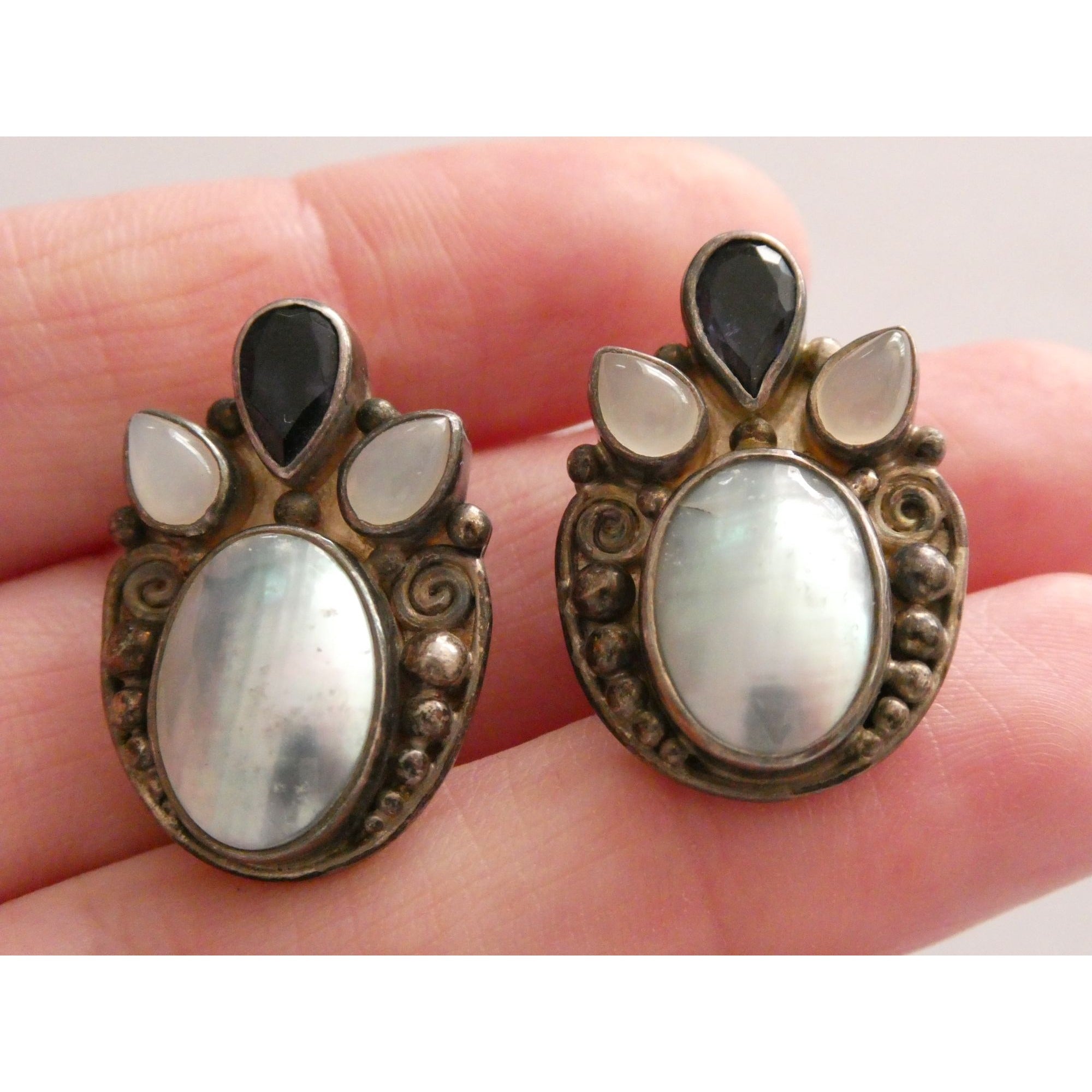 Sajen Sterling Silver Iolite Moonstone and Mabe Pearl Clip on Earrings 17g 26mm