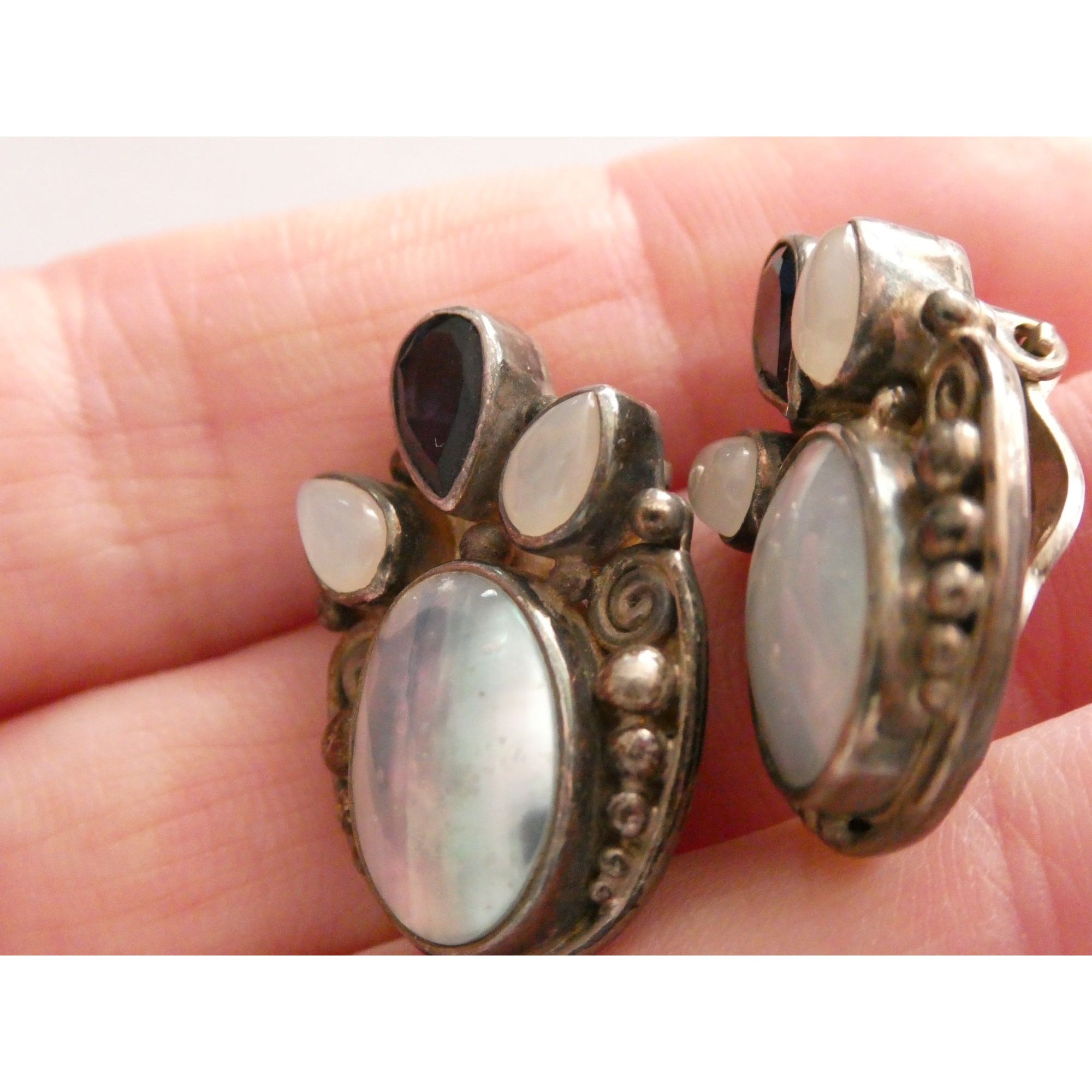 Sajen Sterling Silver Iolite Moonstone and Mabe Pearl Clip on Earrings 17g 26mm