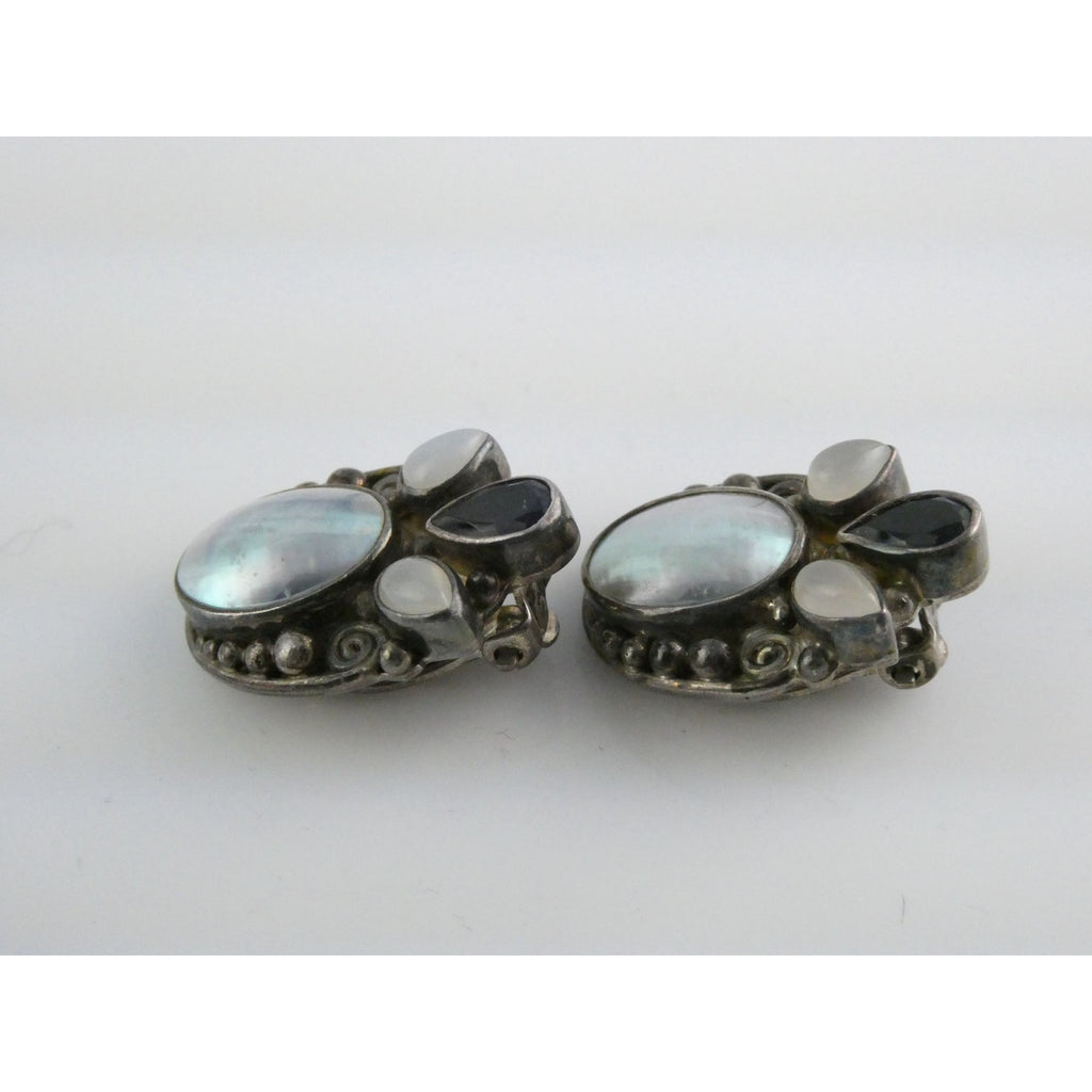 Sajen Sterling Silver Iolite Moonstone and Mabe Pearl Clip on Earrings 17g 26mm