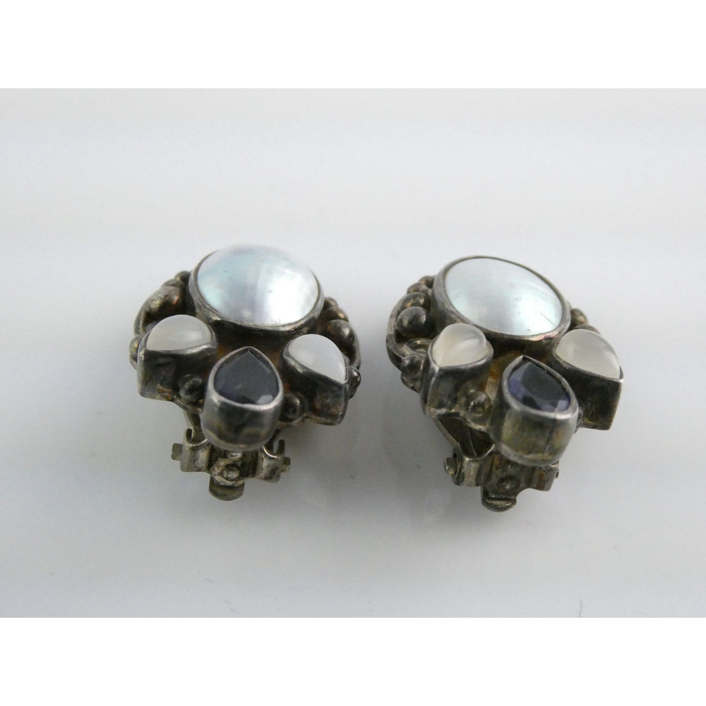 Sajen Sterling Silver Iolite Moonstone and Mabe Pearl Clip on Earrings 17g 26mm