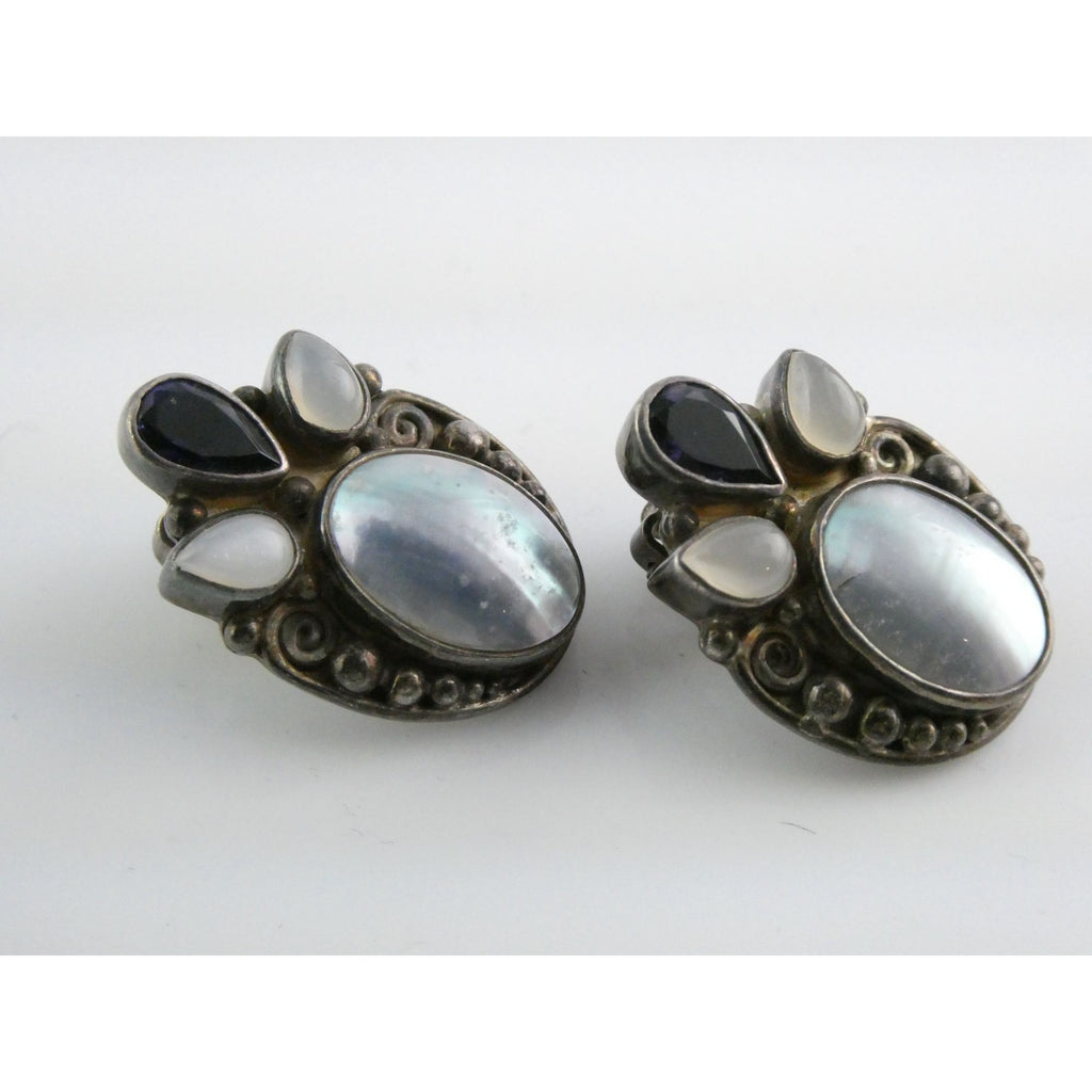 Sajen Sterling Silver Iolite Moonstone and Mabe Pearl Clip on Earrings 17g 26mm