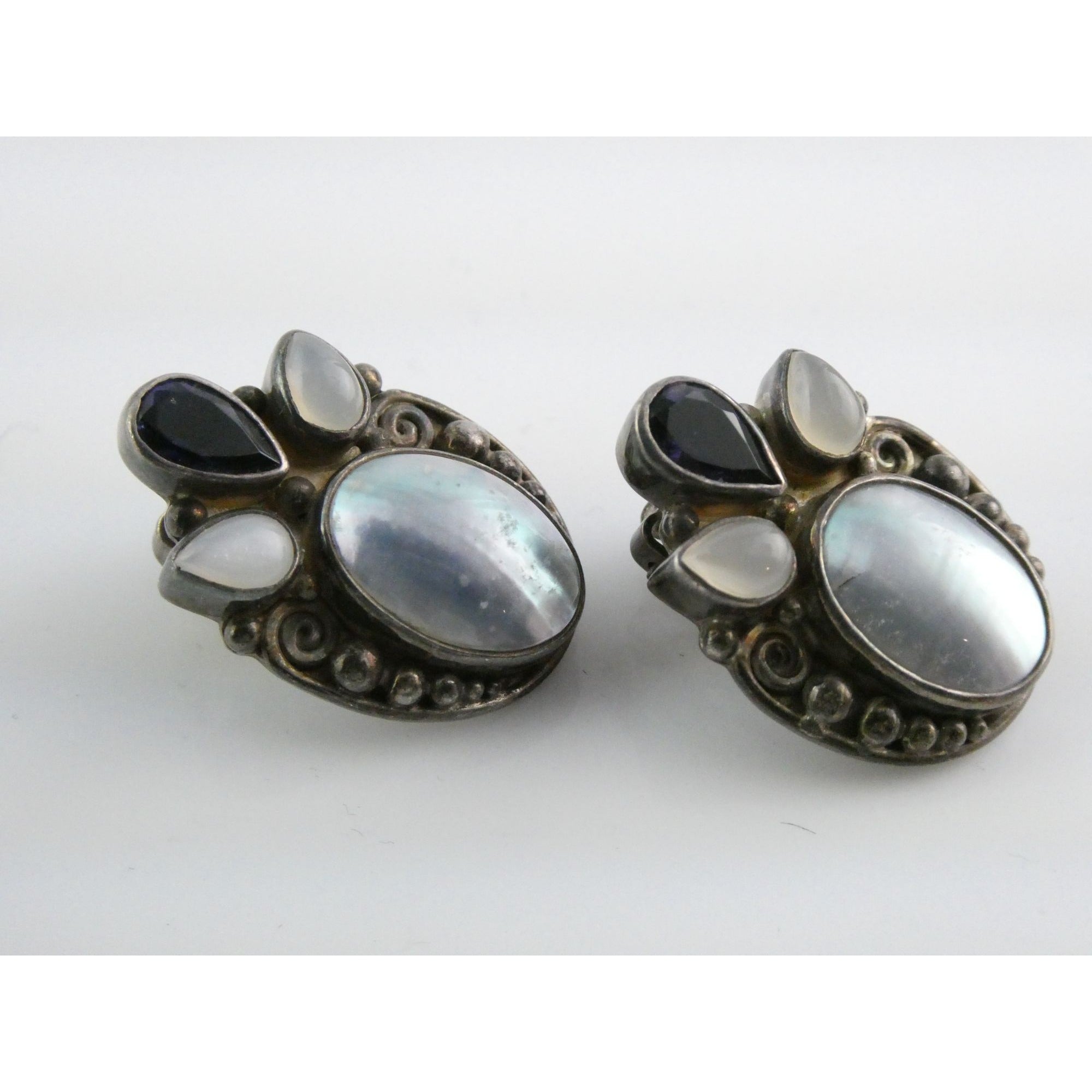 Sajen Sterling Silver Iolite Moonstone and Mabe Pearl Clip on Earrings 17g 26mm