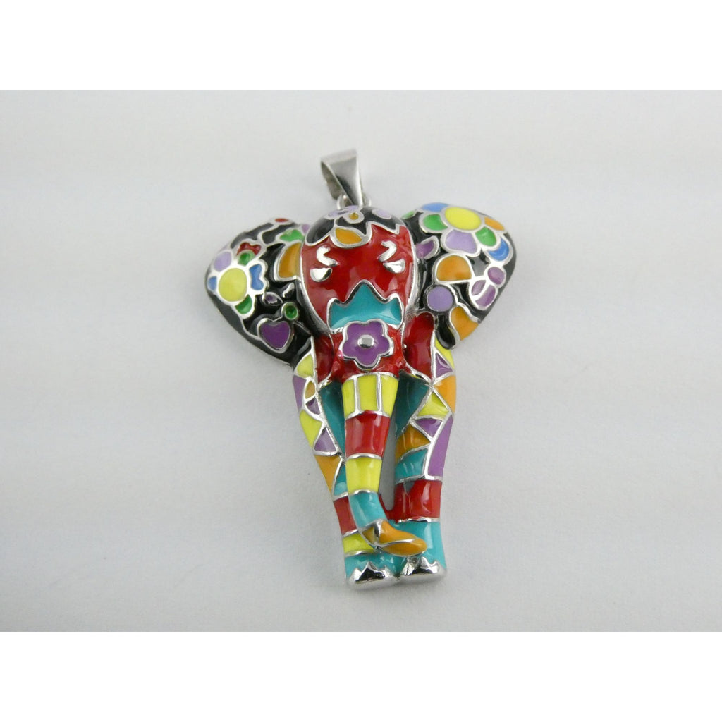 FZN Designer Sterling Silver Enamel Colorful Elephant Pendant 7.1g 37mm Length