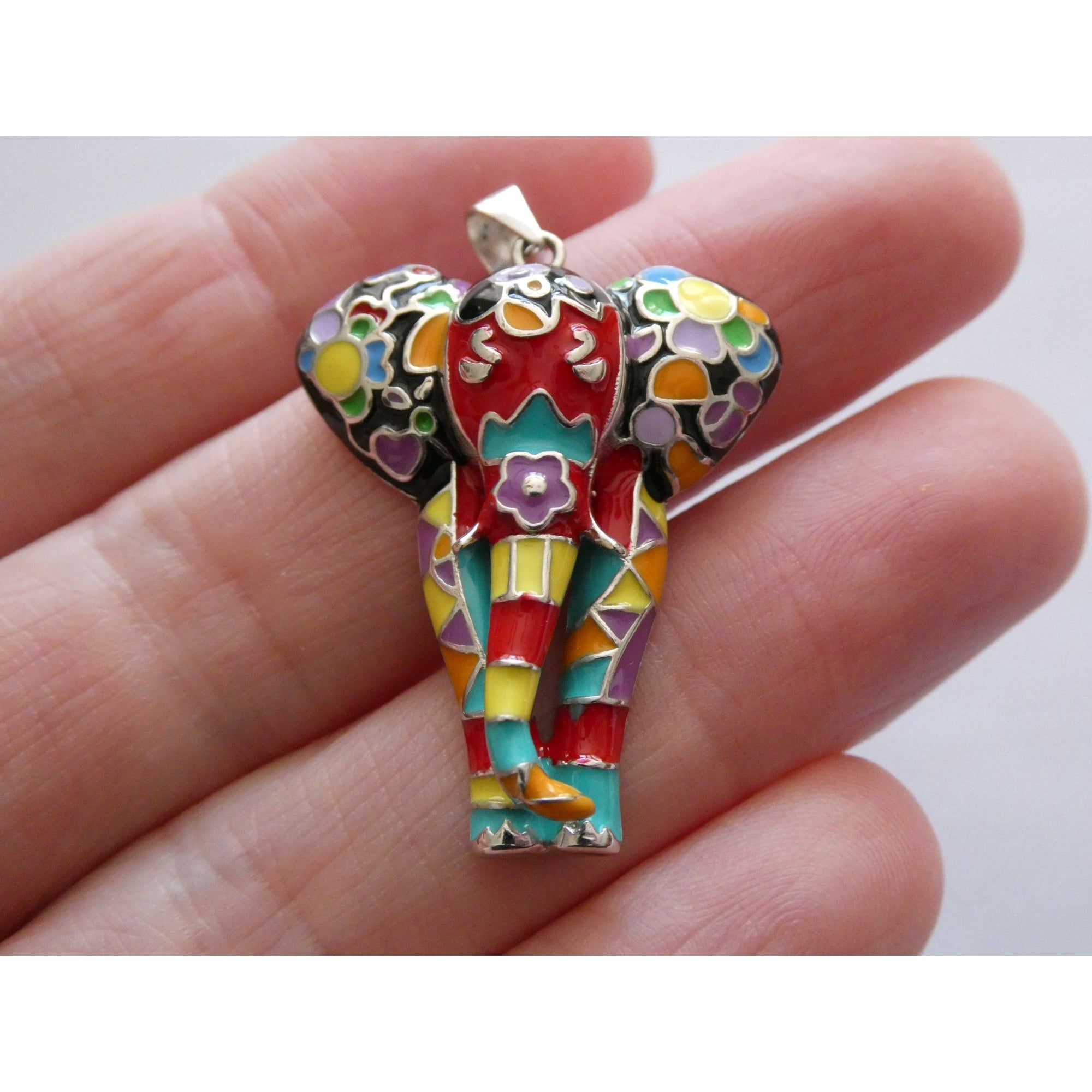 FZN Designer Sterling Silver Enamel Colorful Elephant Pendant 7.1g 37mm Length