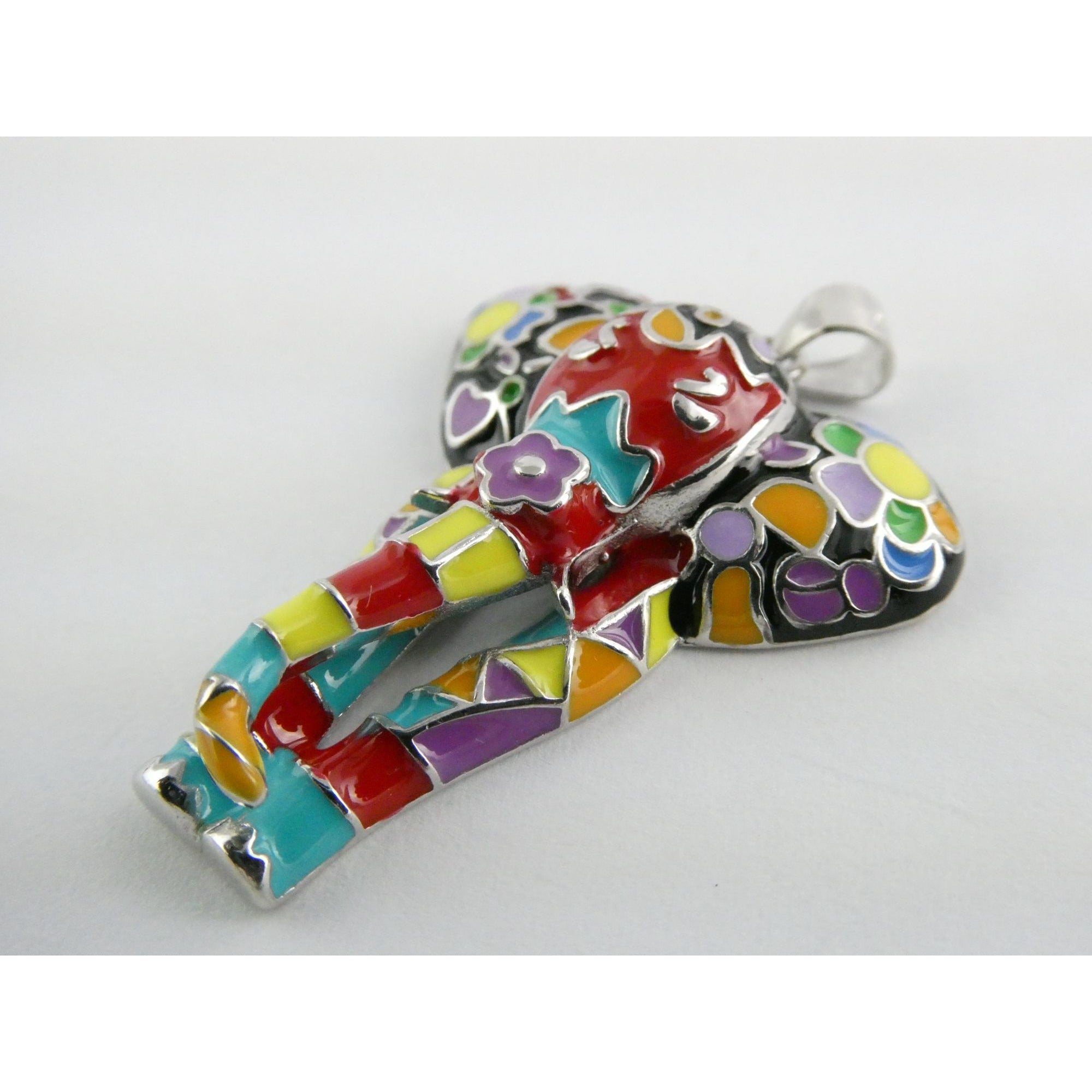 FZN Designer Sterling Silver Enamel Colorful Elephant Pendant 7.1g 37mm Length