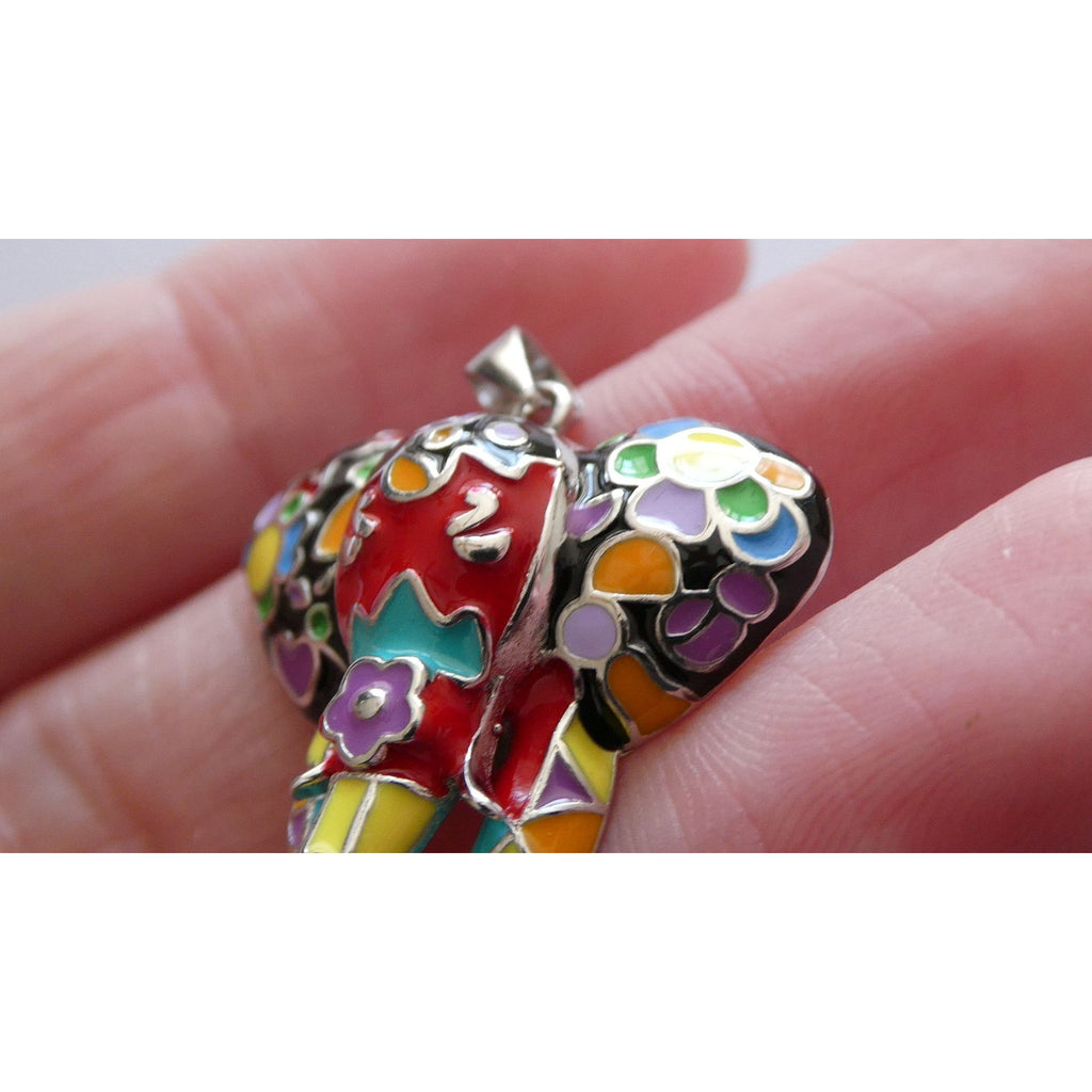 FZN Designer Sterling Silver Enamel Colorful Elephant Pendant 7.1g 37mm Length