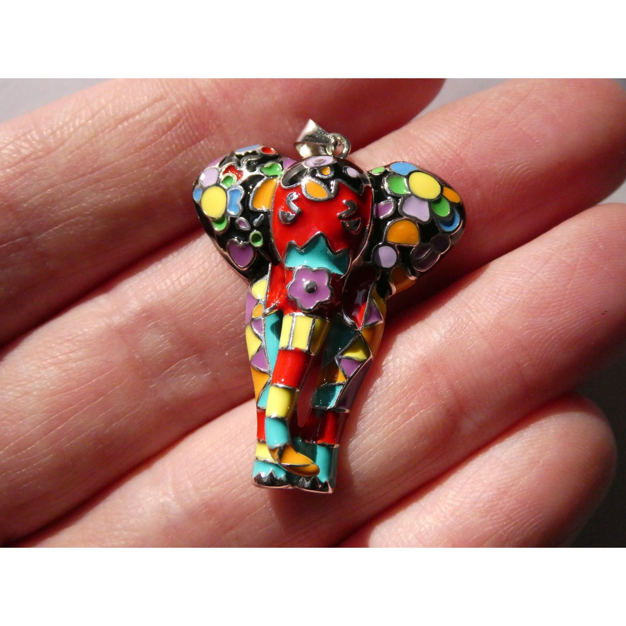 FZN Designer Sterling Silver Enamel Colorful Elephant Pendant 7.1g 37mm Length