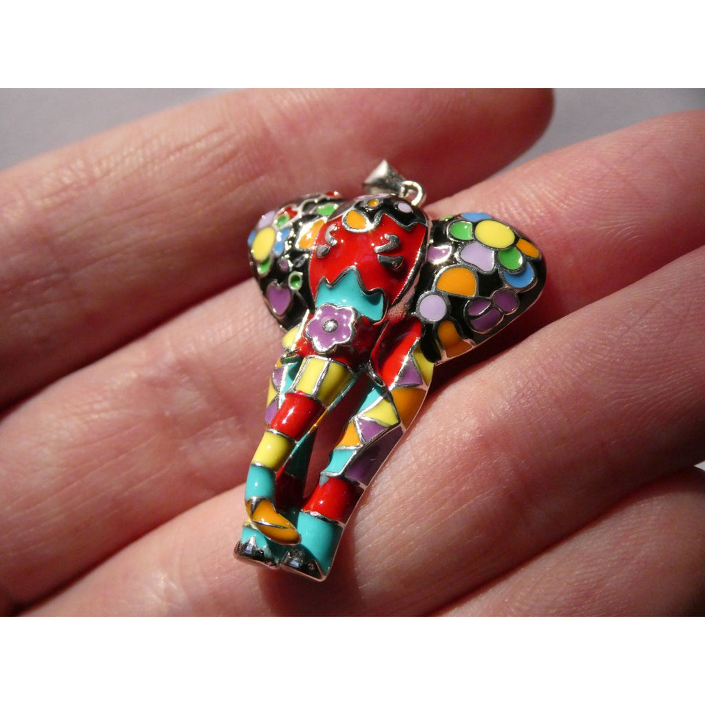 FZN Designer Sterling Silver Enamel Colorful Elephant Pendant 7.1g 37mm Length