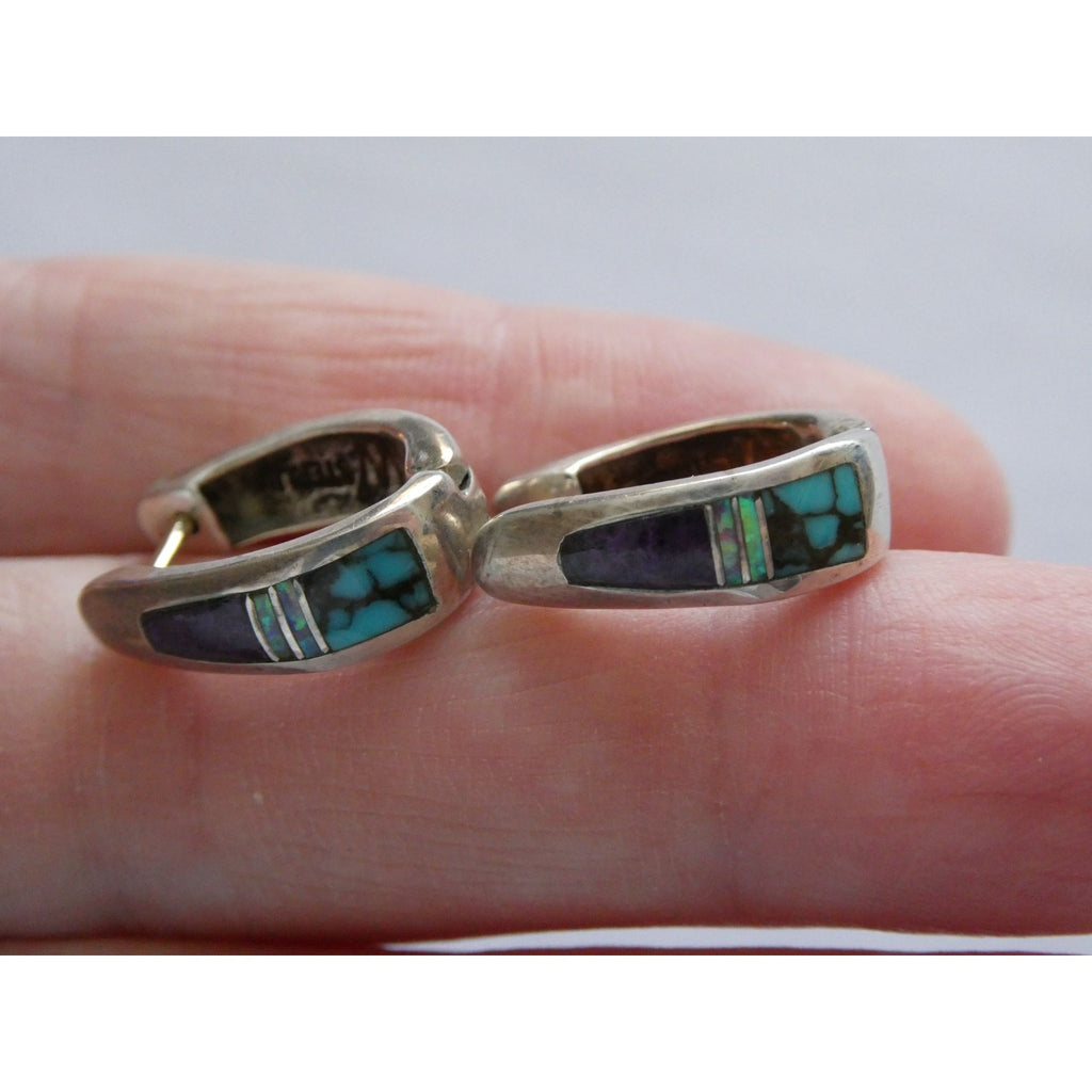 C Willie D Rosales Sterling Silver Opal Spiderweb Turquoise Onyx Earrings .75 In