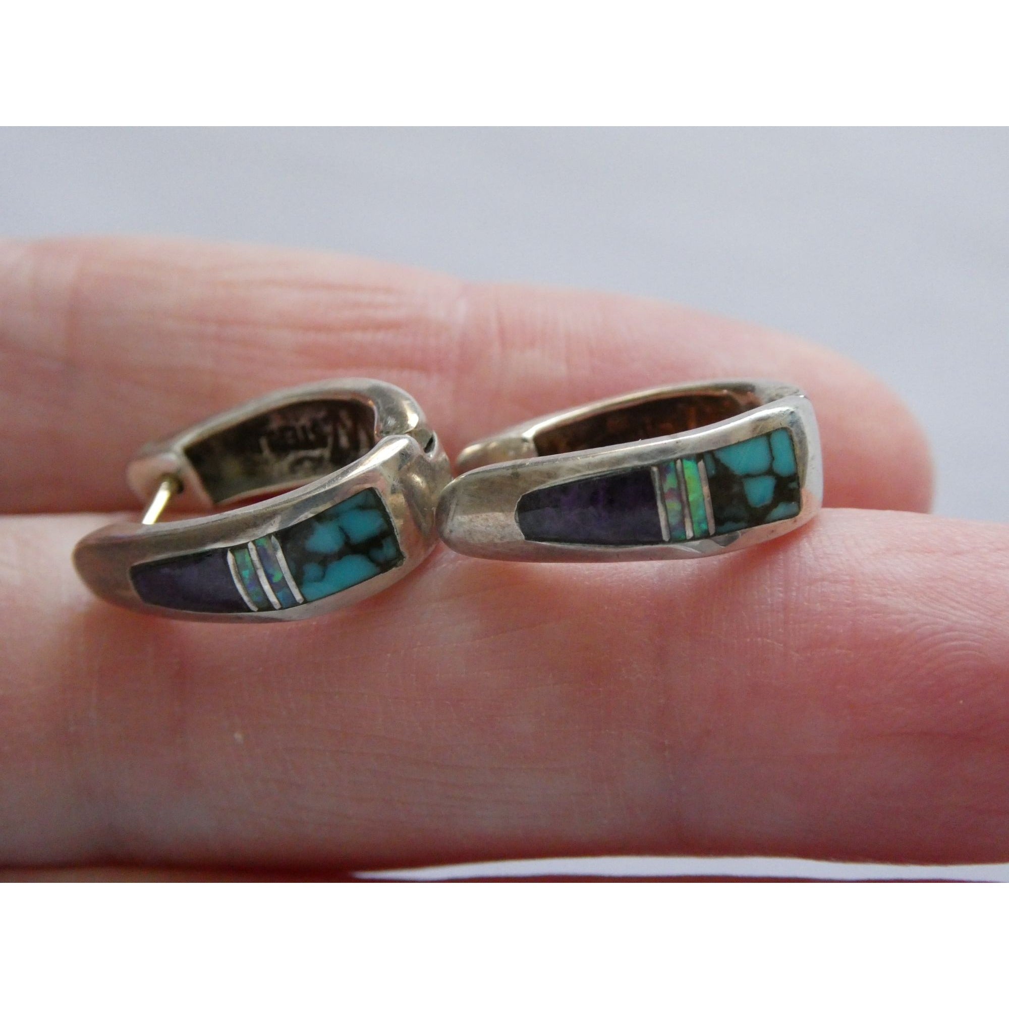 C Willie D Rosales Sterling Silver Opal Spiderweb Turquoise Onyx Earrings .75 In