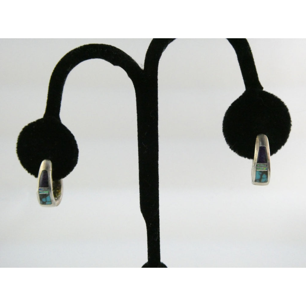 C Willie D Rosales Sterling Silver Opal Spiderweb Turquoise Onyx Earrings .75 In