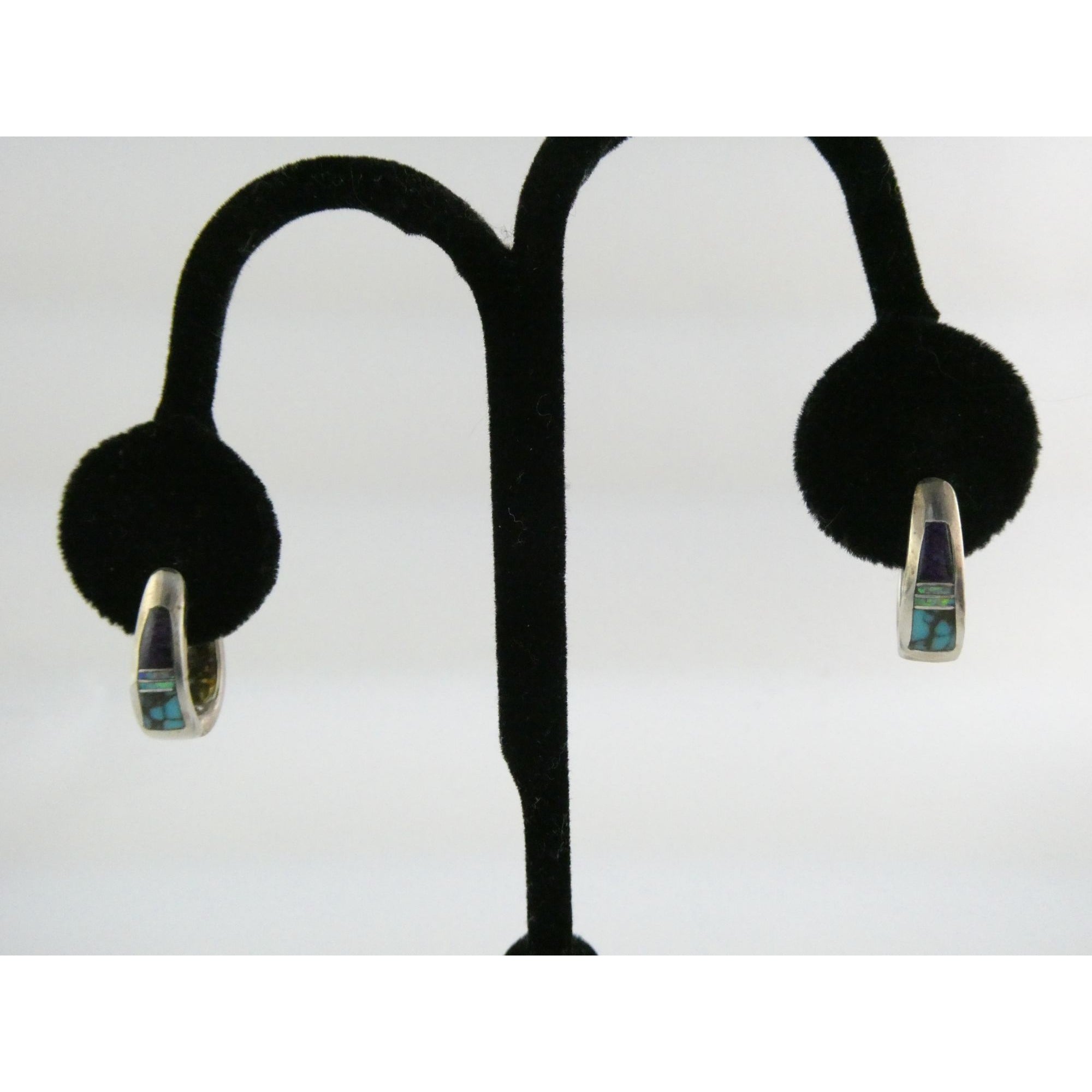 C Willie D Rosales Sterling Silver Opal Spiderweb Turquoise Onyx Earrings .75 In