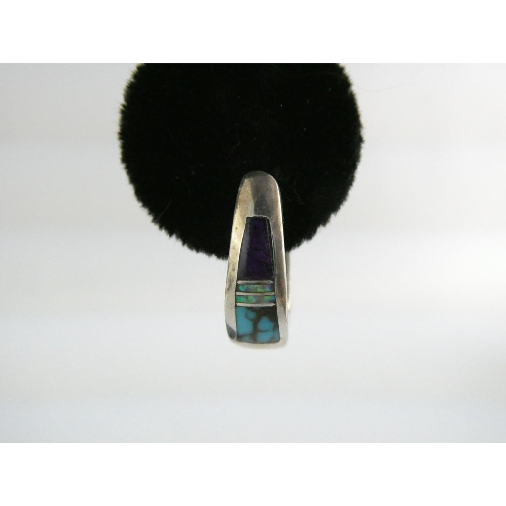 C Willie D Rosales Sterling Silver Opal Spiderweb Turquoise Onyx Earrings .75 In