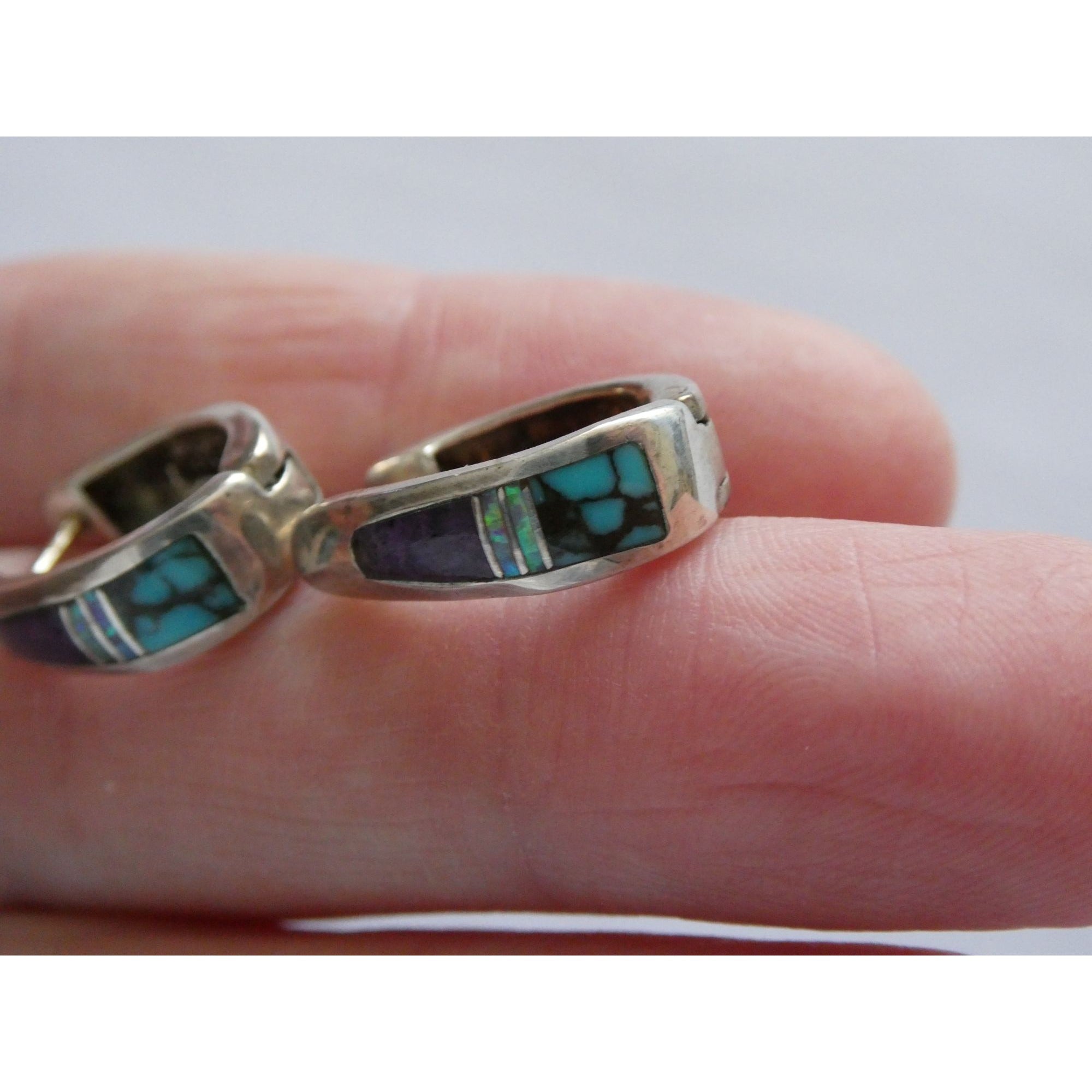 C Willie D Rosales Sterling Silver Opal Spiderweb Turquoise Onyx Earrings .75 In