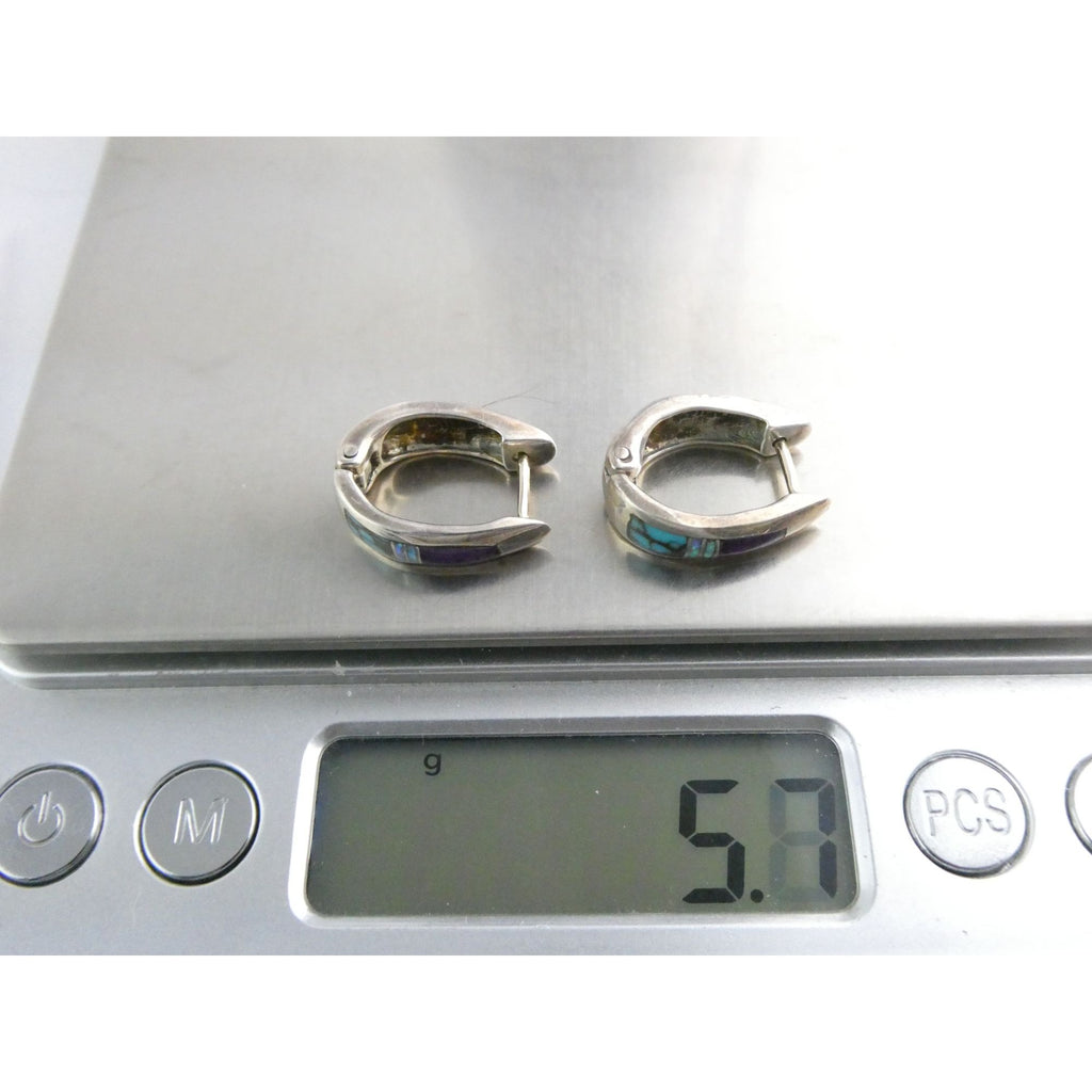 C Willie D Rosales Sterling Silver Opal Spiderweb Turquoise Onyx Earrings .75 In