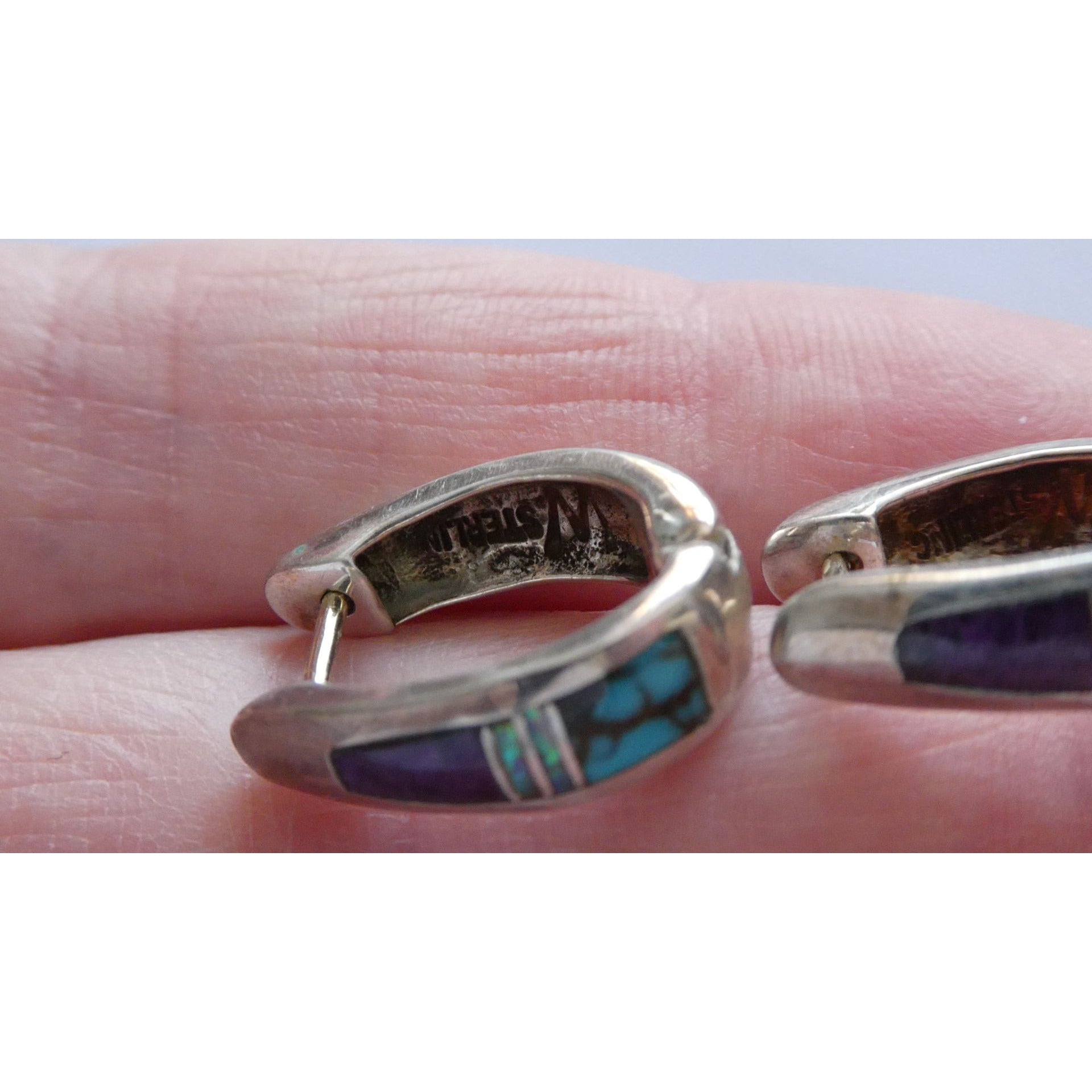C Willie D Rosales Sterling Silver Opal Spiderweb Turquoise Onyx Earrings .75 In
